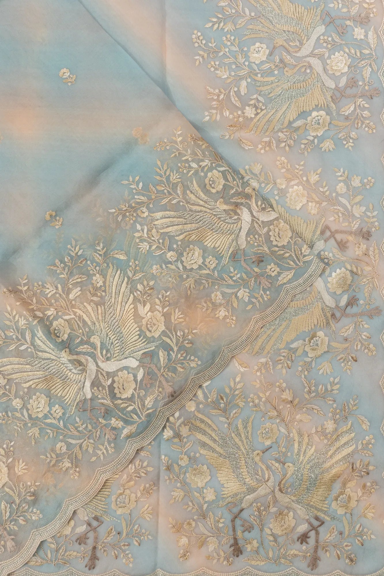 Organza Butta Pastel Blue Saree With Embroidery Scallop Border