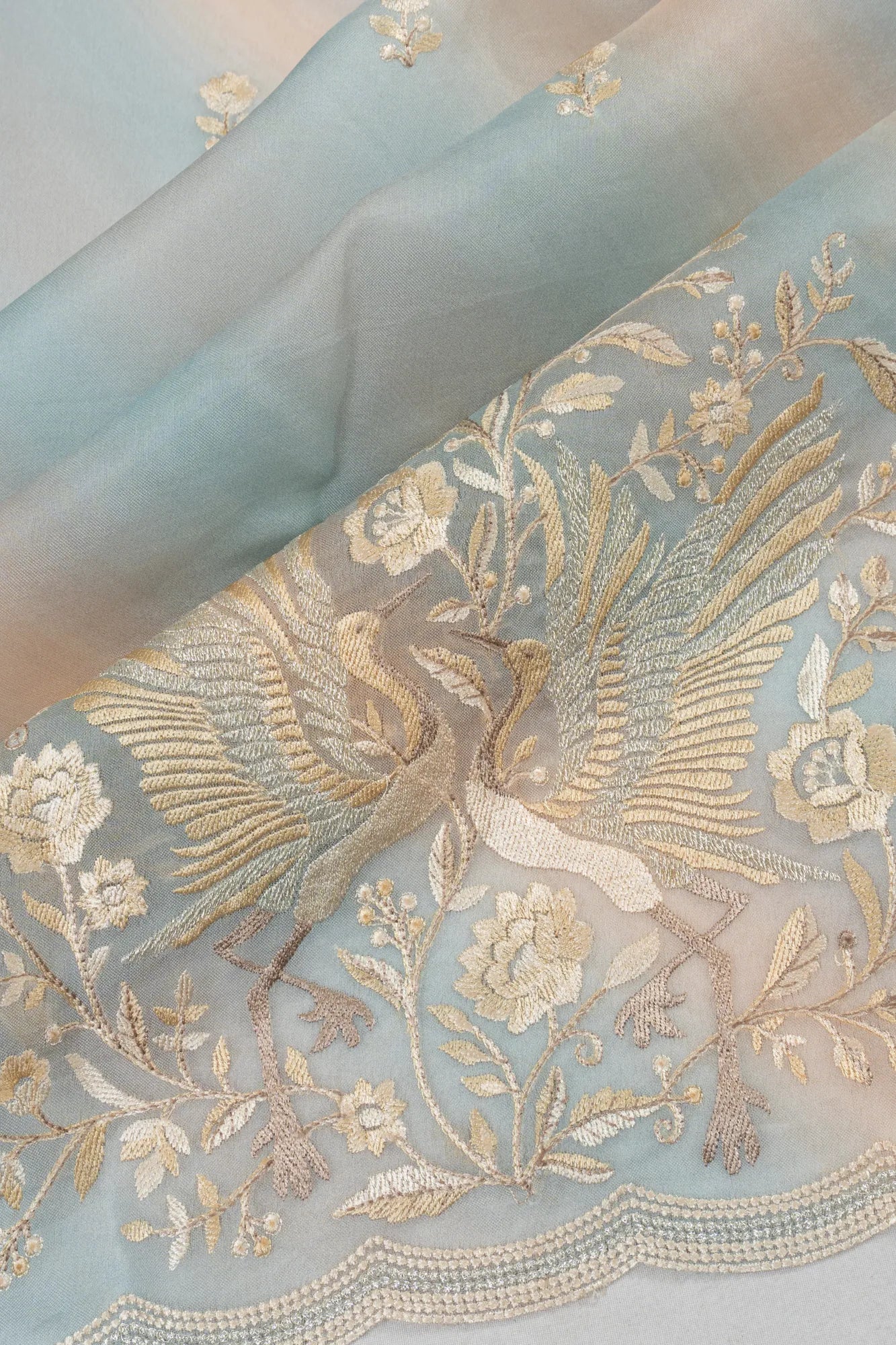 Organza Butta Pastel Blue Saree With Embroidery Scallop Border