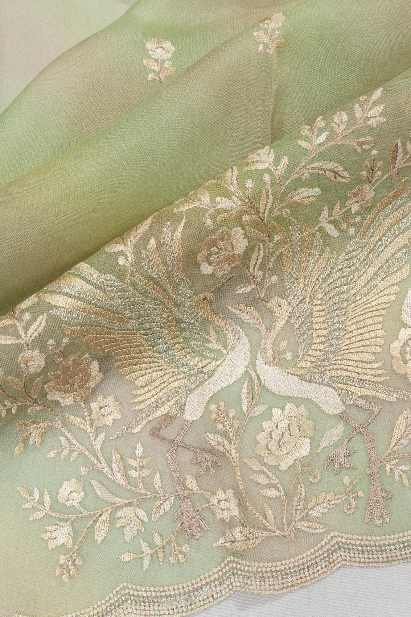 Organza Butta Pista Green Saree With Embroidery Scallop Border