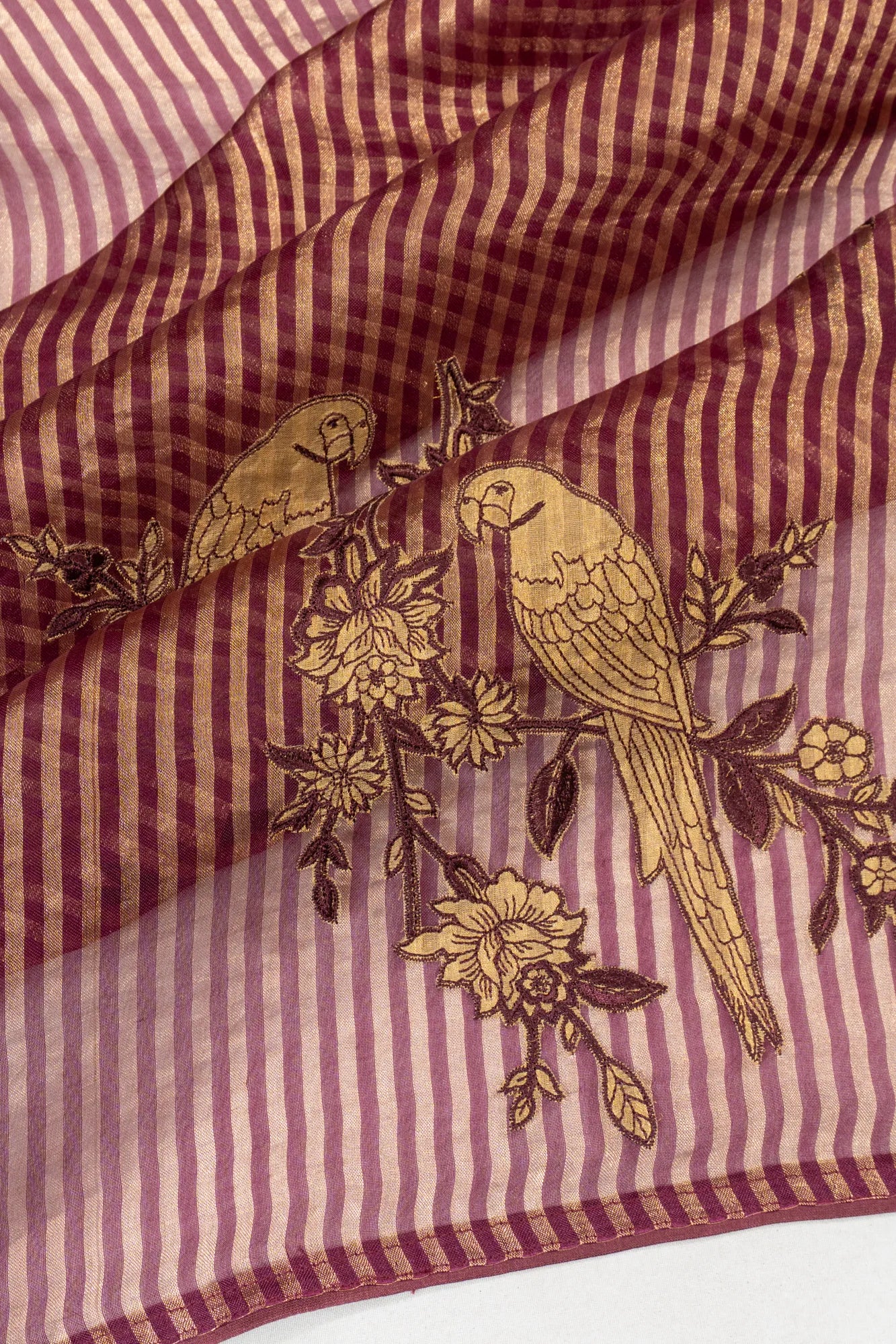 Organza Lines Maroon Saree With Embroidery Butta