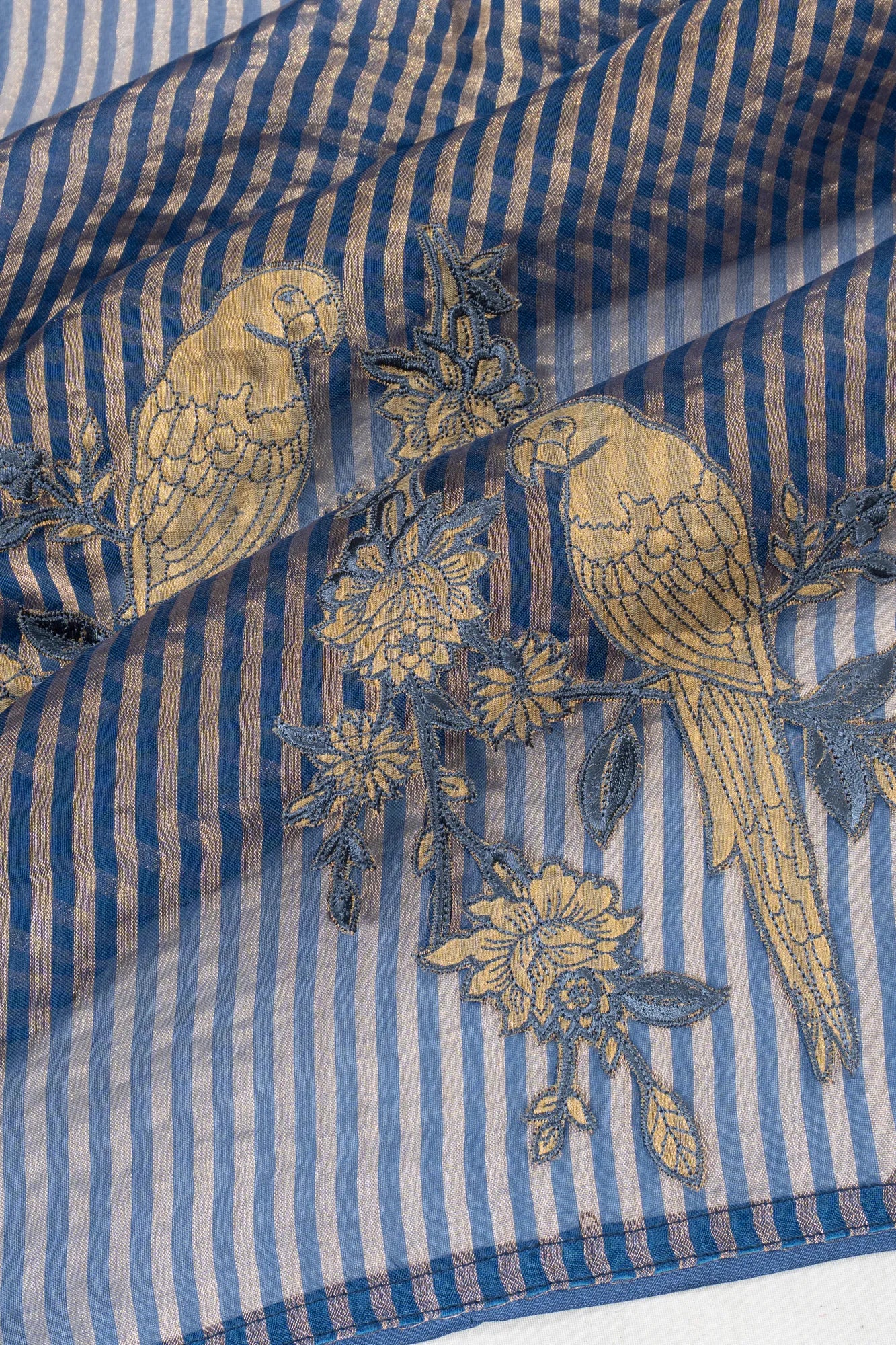 Organza Lines Blue Saree With Embroidery Butta