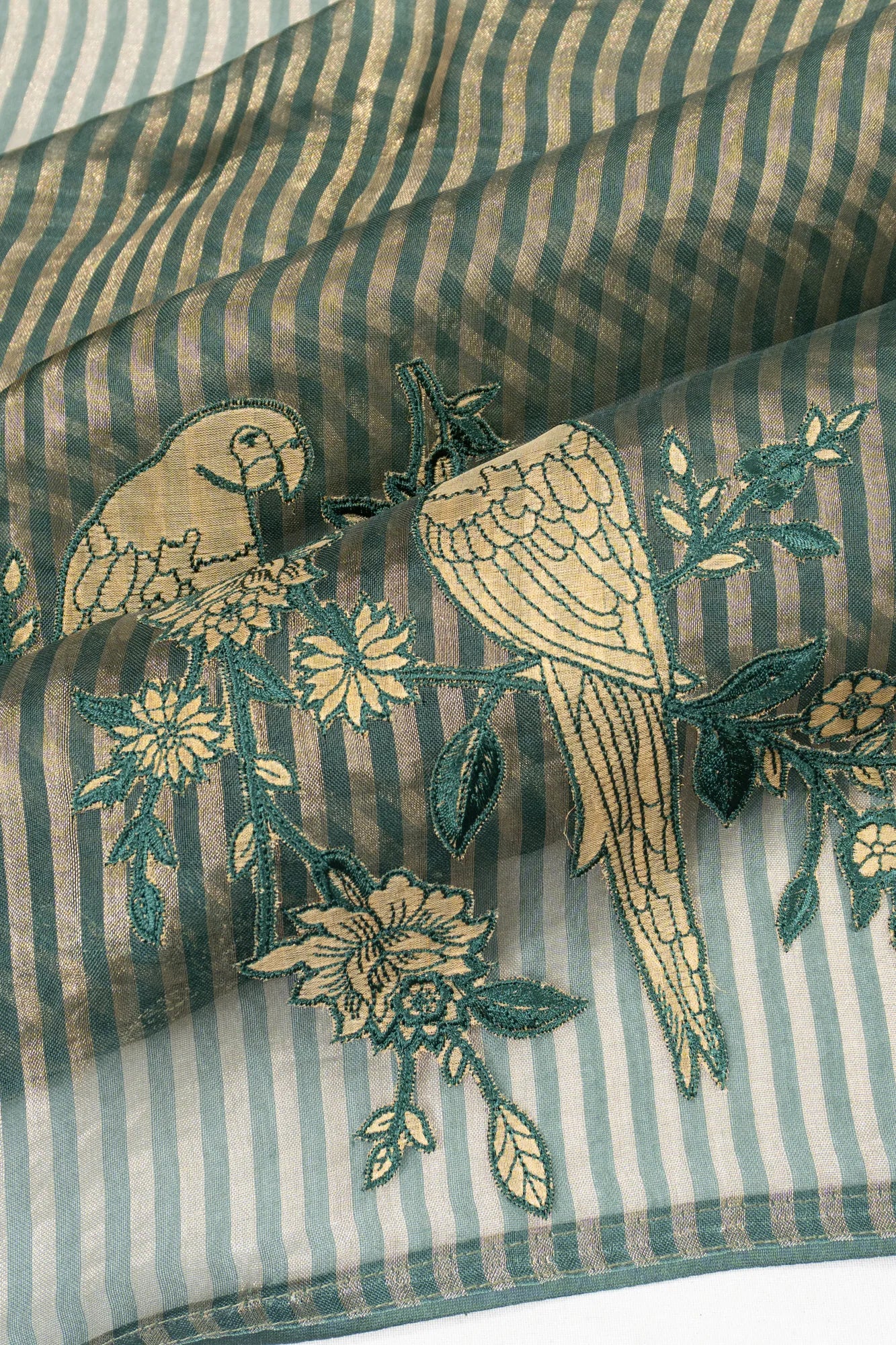 Organza Lines Green Saree With Embroidery Butta