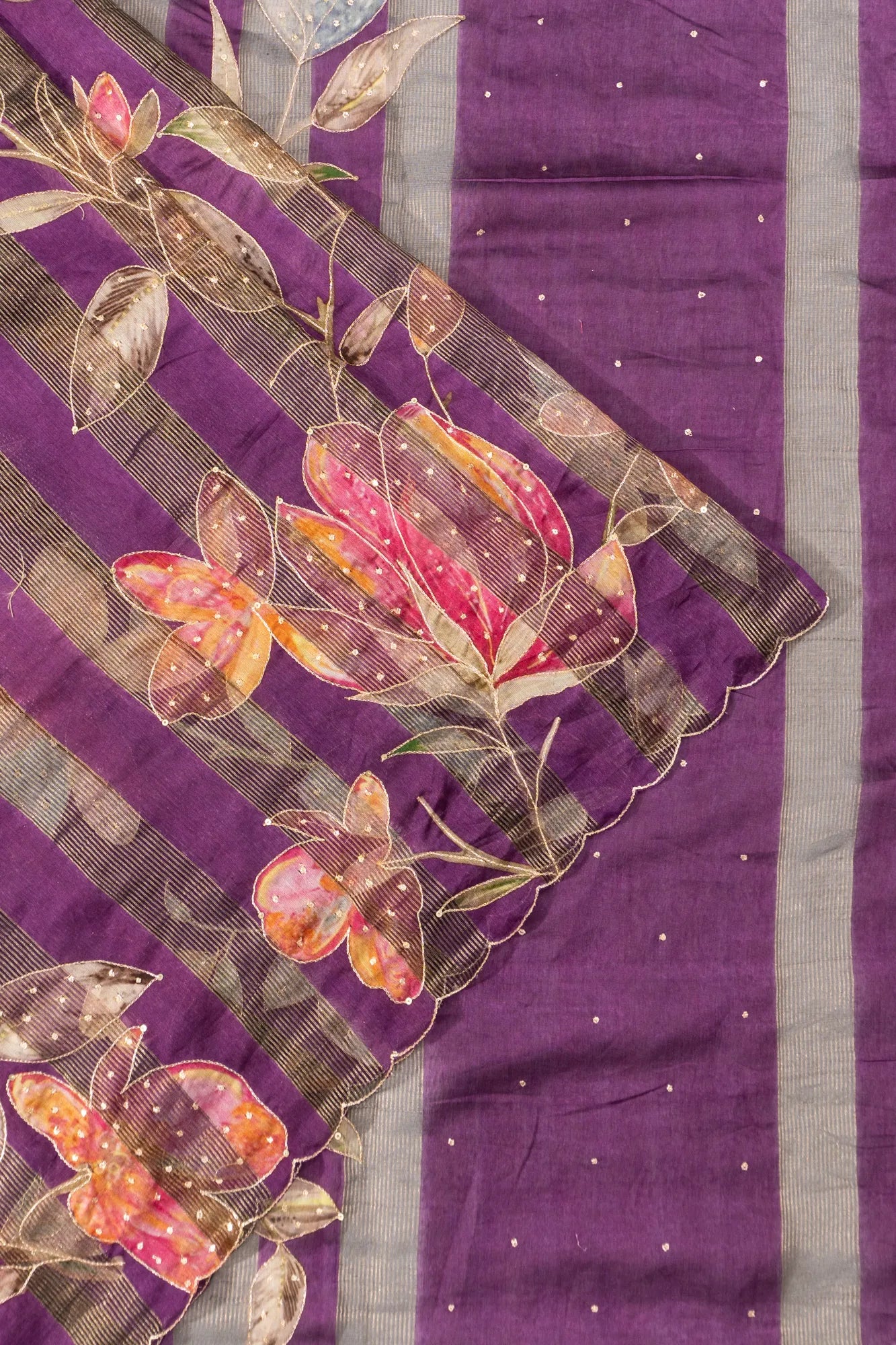 Organza Lines And Printed Purple Saree With Scallop Edge