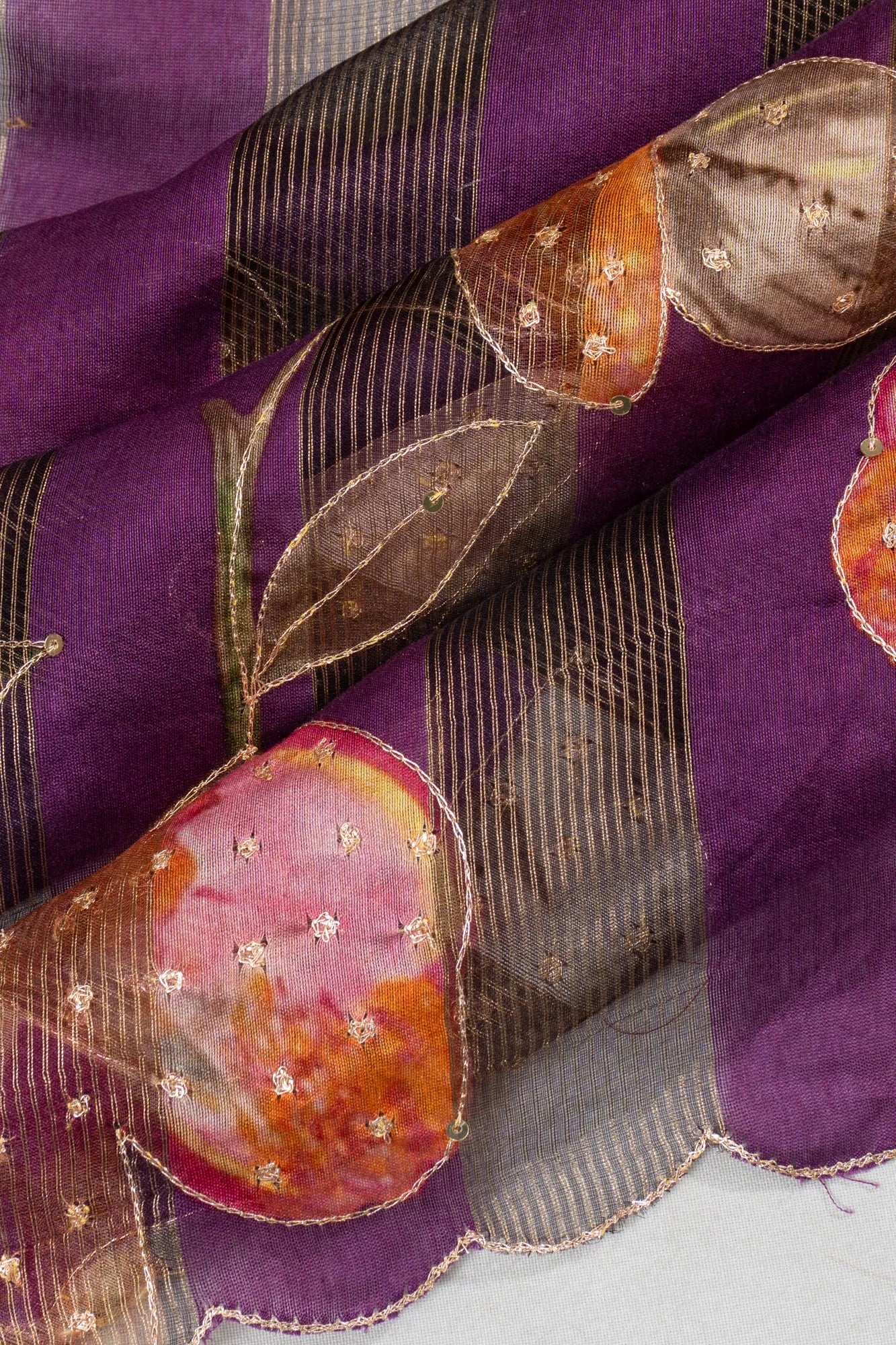 Organza Lines And Printed Purple Saree With Scallop Edge