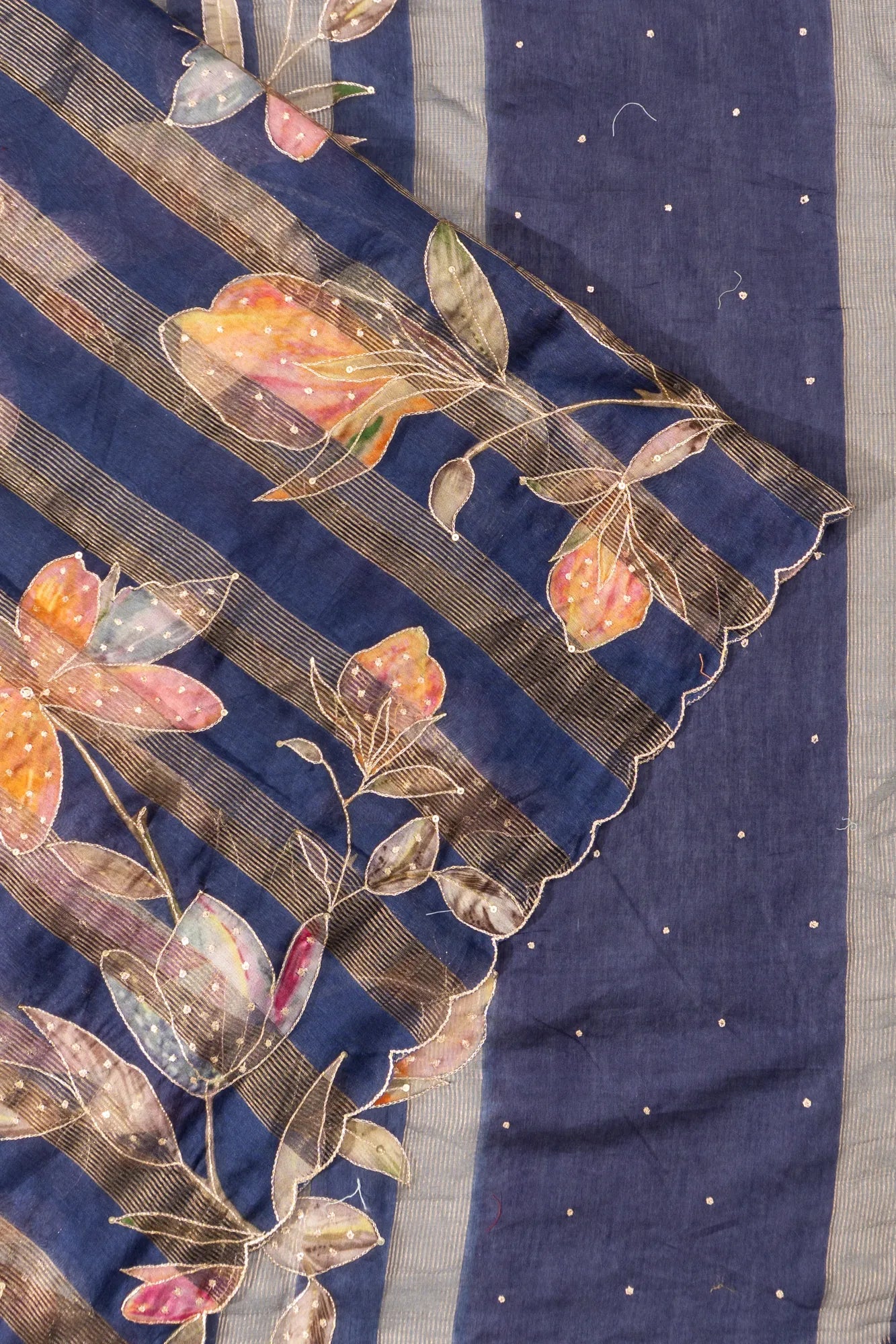 Organza Lines And Printed Blue Saree With Scallop Edge