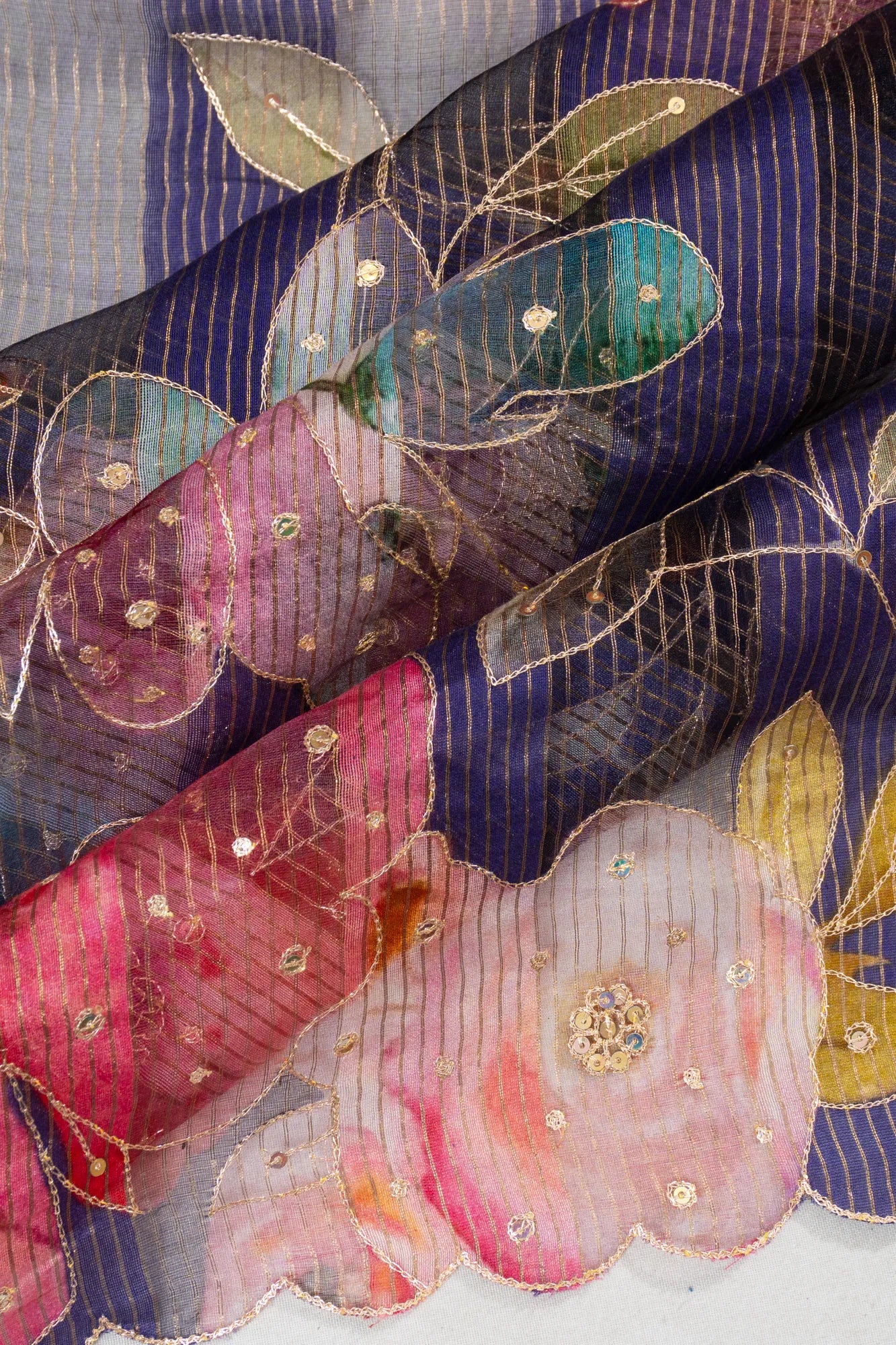 Organza Lines And Printed Violet Saree With Scallop Edge