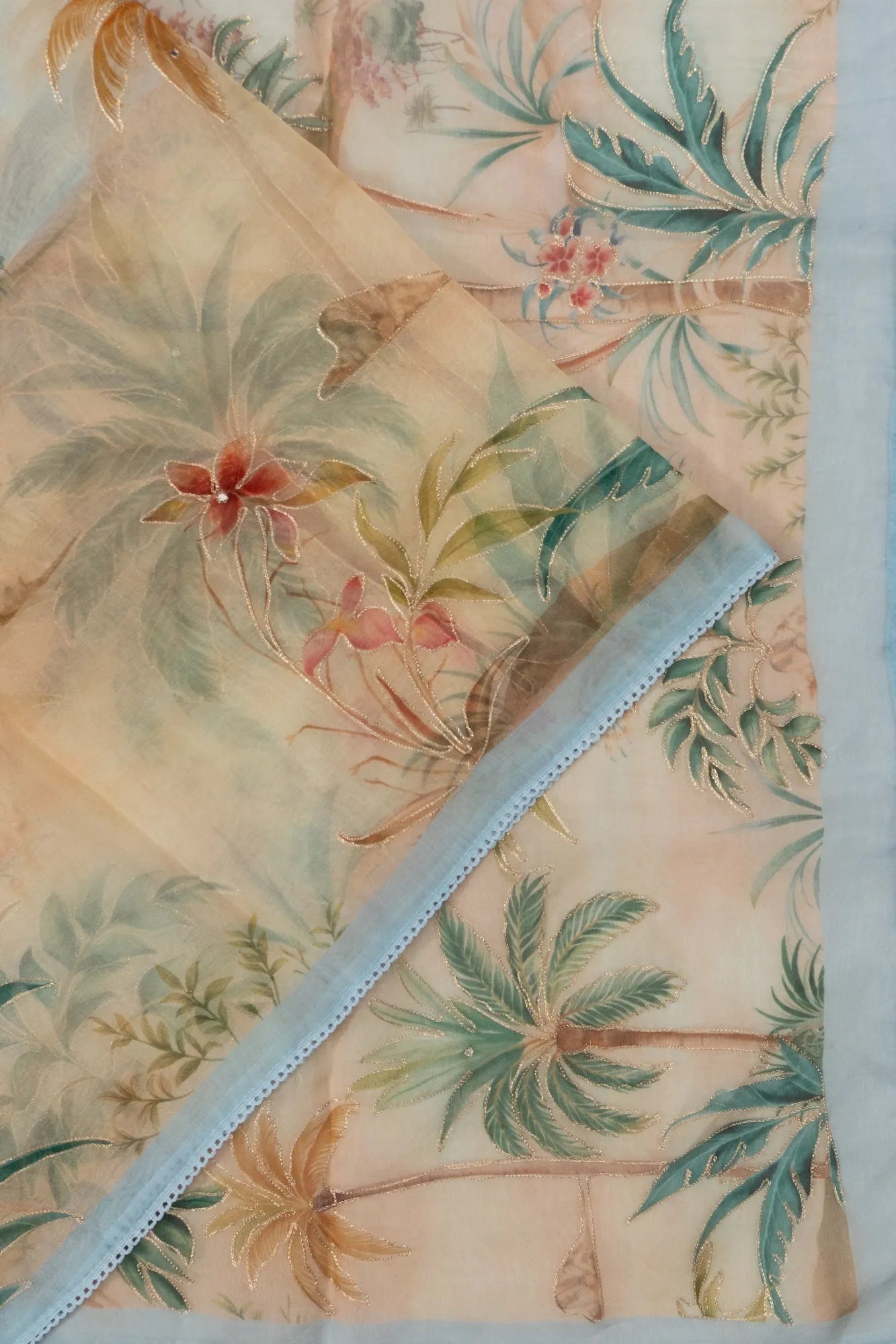 Organza Allover Floral Printed Cream Saree