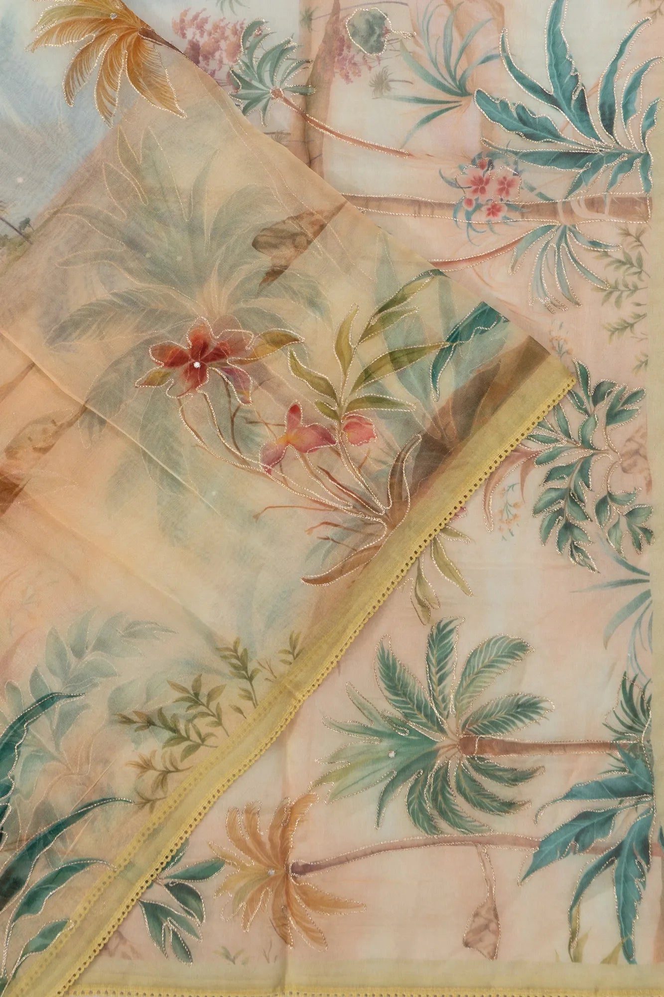 Organza Allover Floral Printed Cream Saree