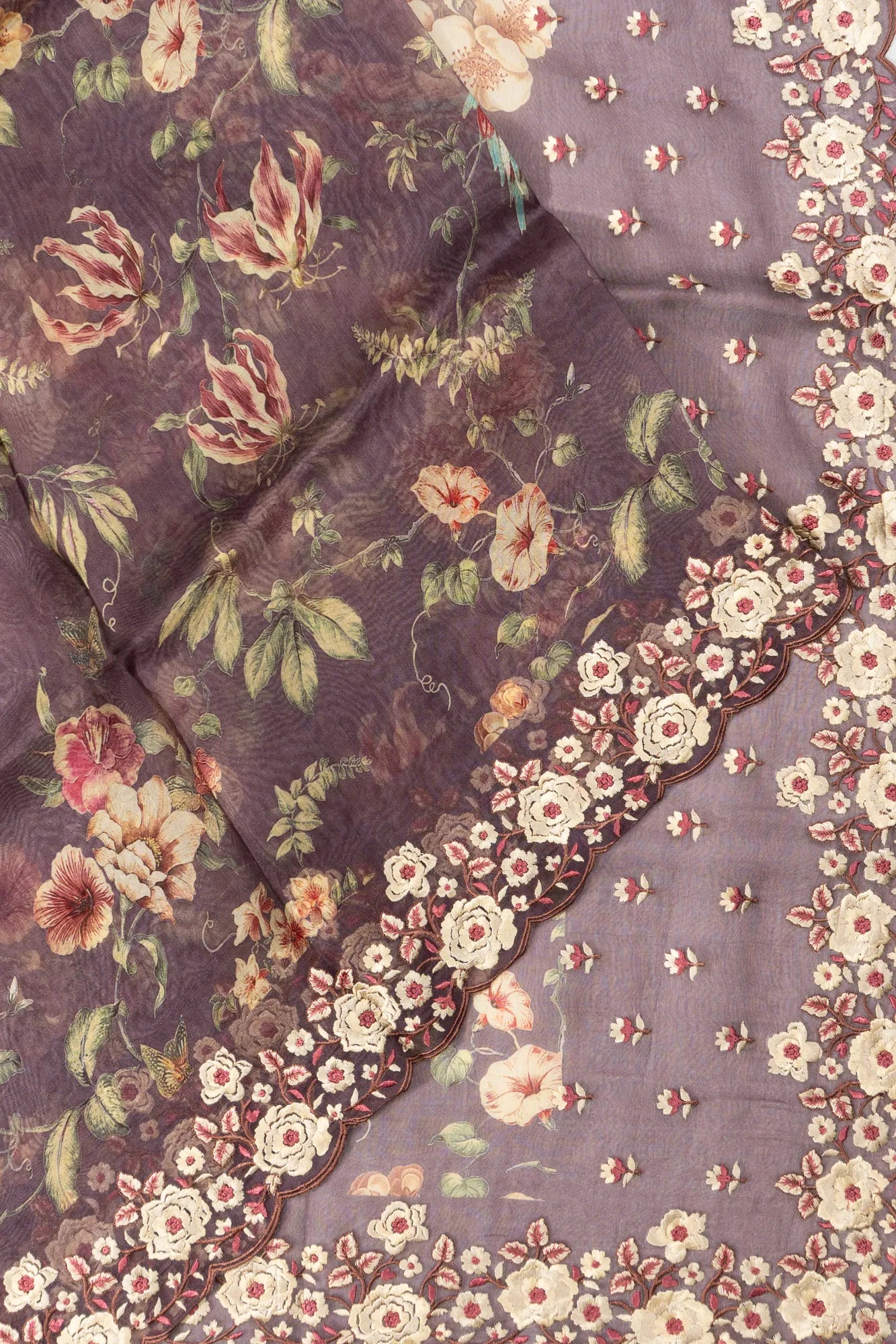 Organza Printed Lilac Saree With Embroidery Scallop Border