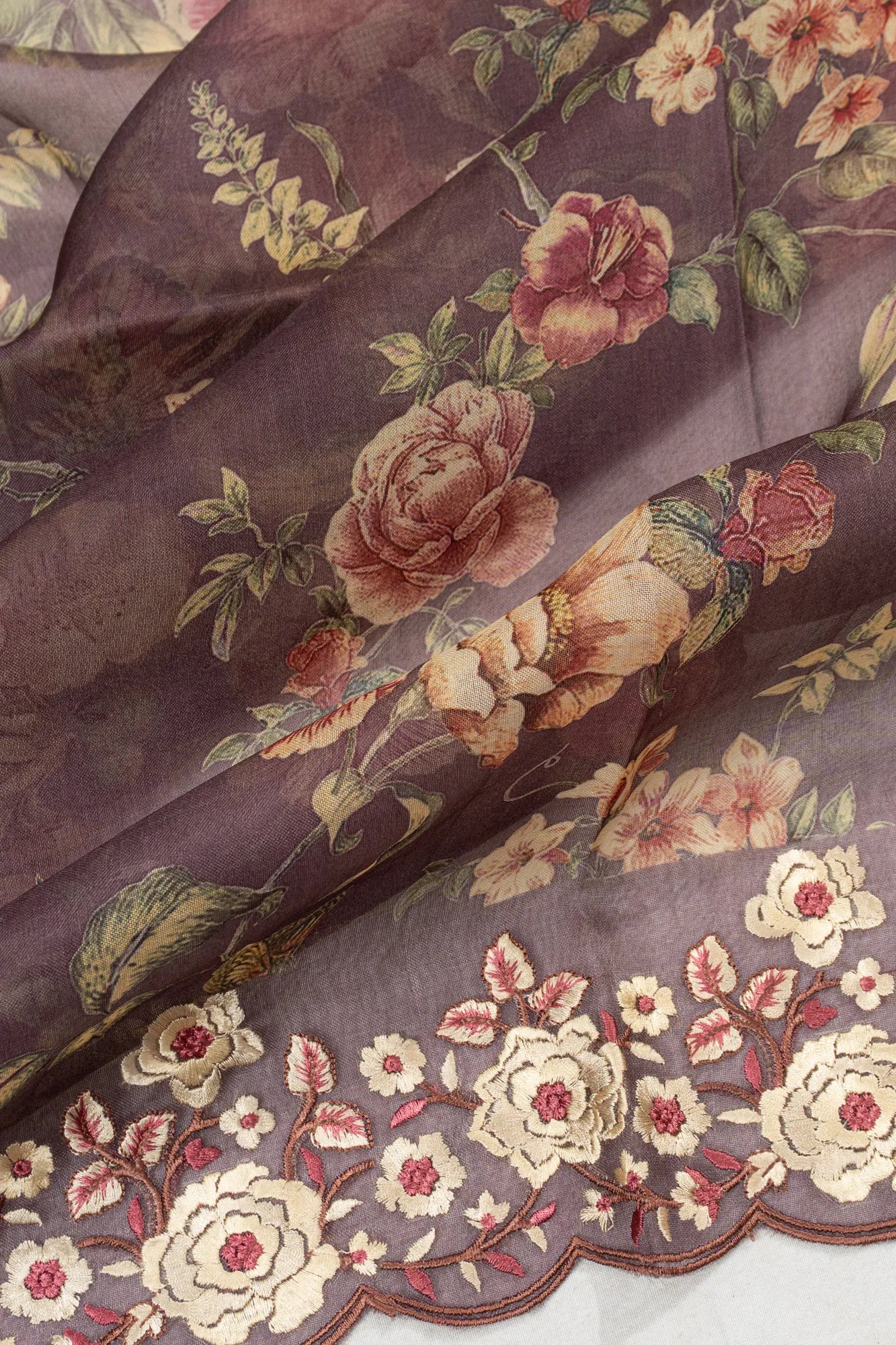 Organza Printed Lilac Saree With Embroidery Scallop Border