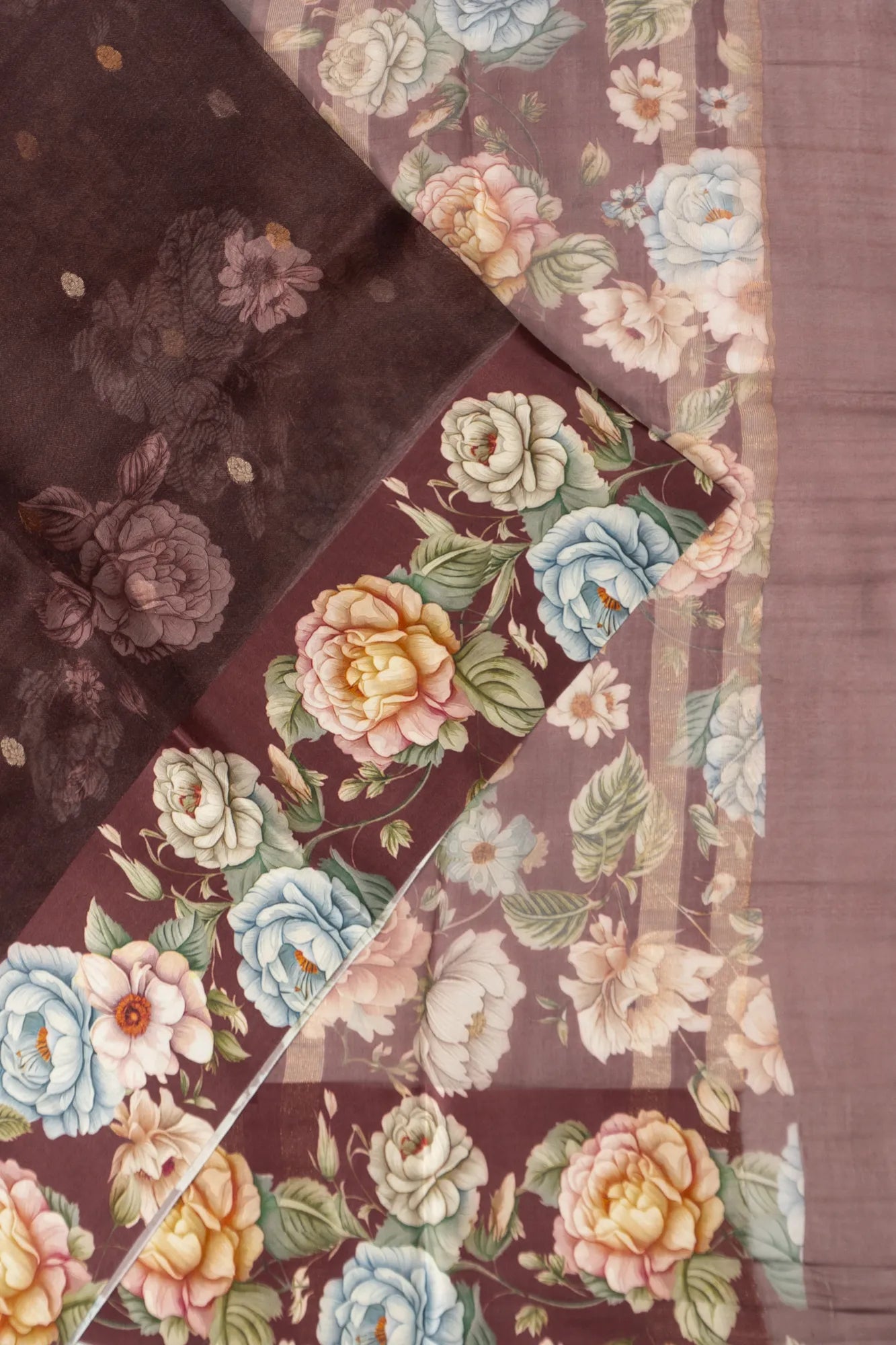 Organza Butta And Printed Brown Saree