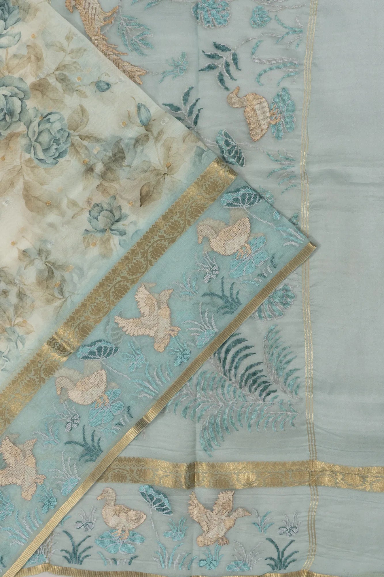 Organza Printed White Saree With Embroidery Border