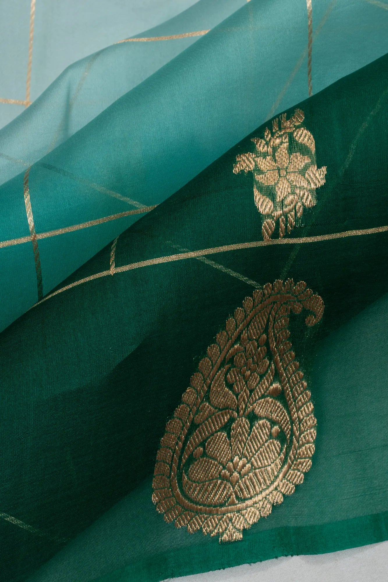 Banarasi Kora Organza Checks And Butta Green And Blue Saree