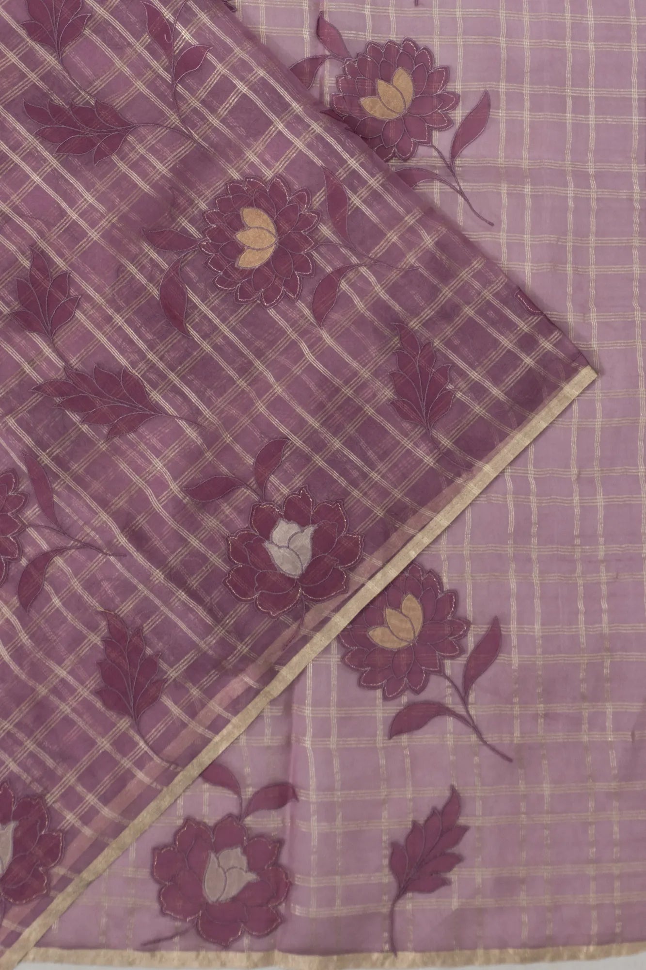 Organza Checks And Brocade Cream Saree