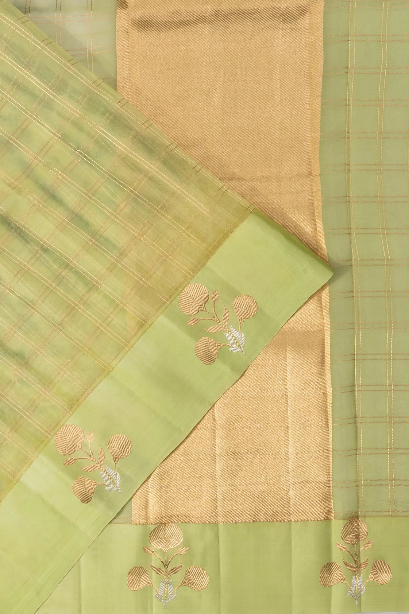 Banarasi Kora Organza Checks Pastel Green Saree