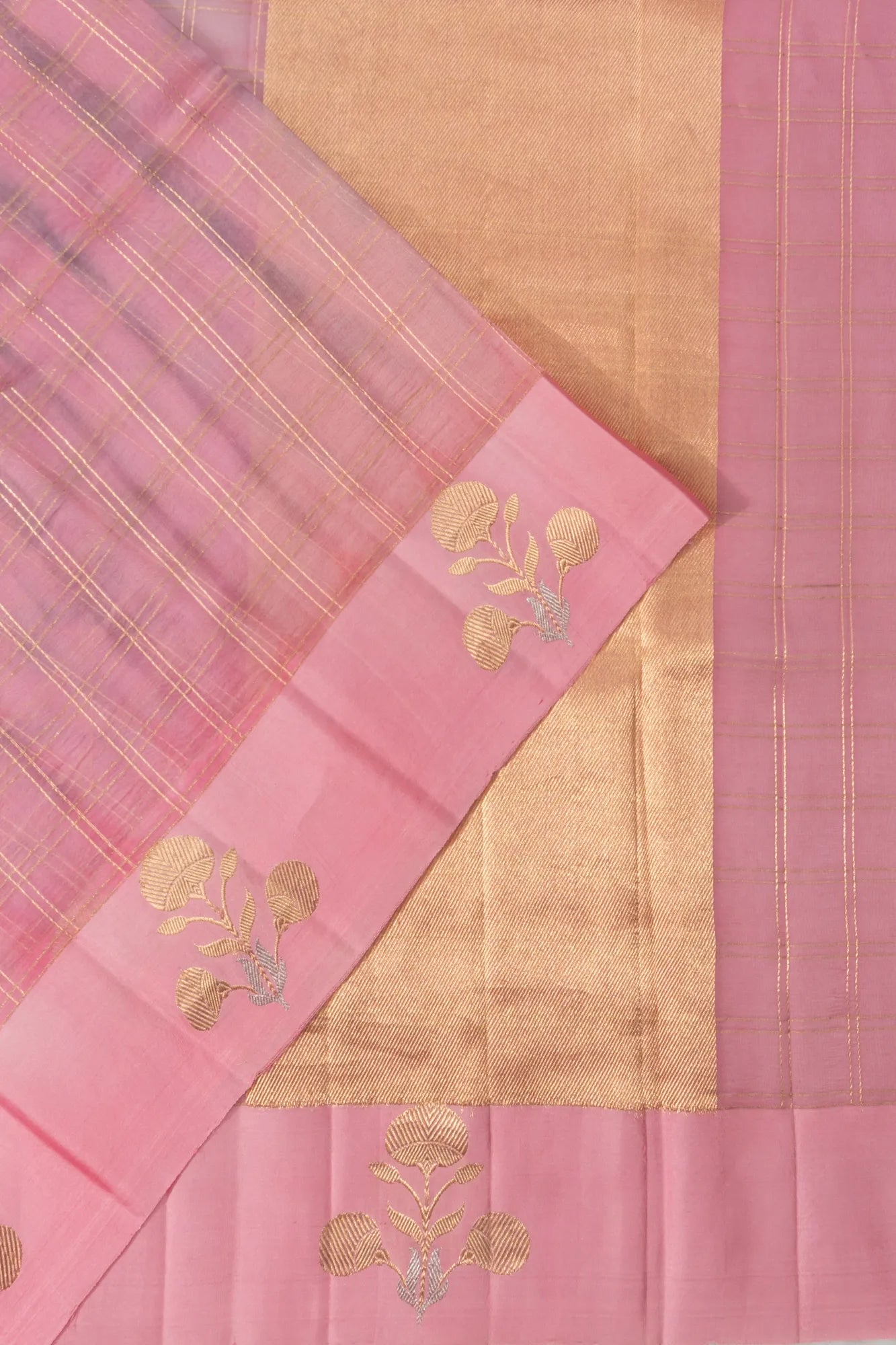Banarasi Kora Organza Checks Pastel Pink Saree