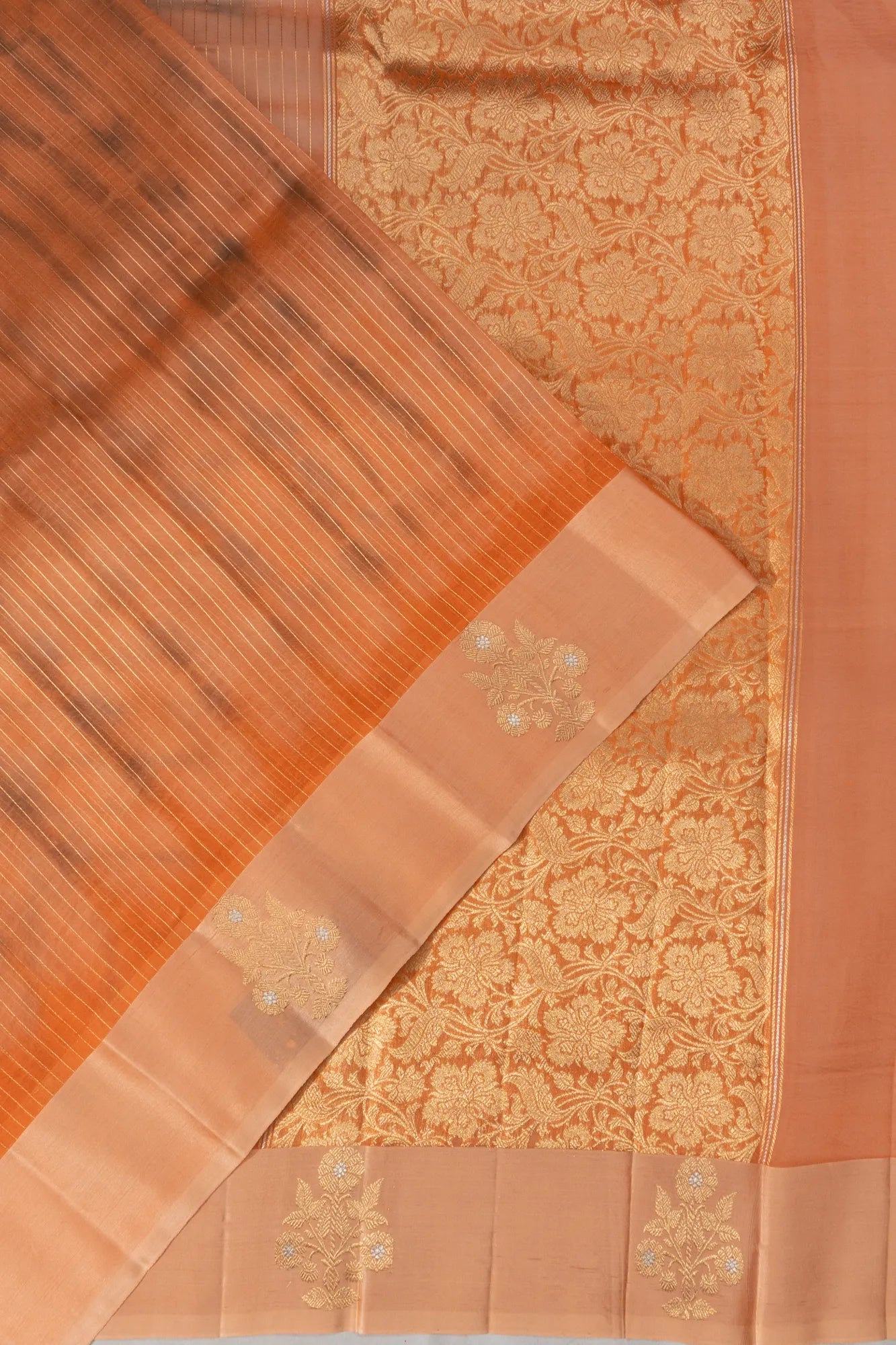 Banarasi Kora Organza Vertical Lines Pastel Orange Saree