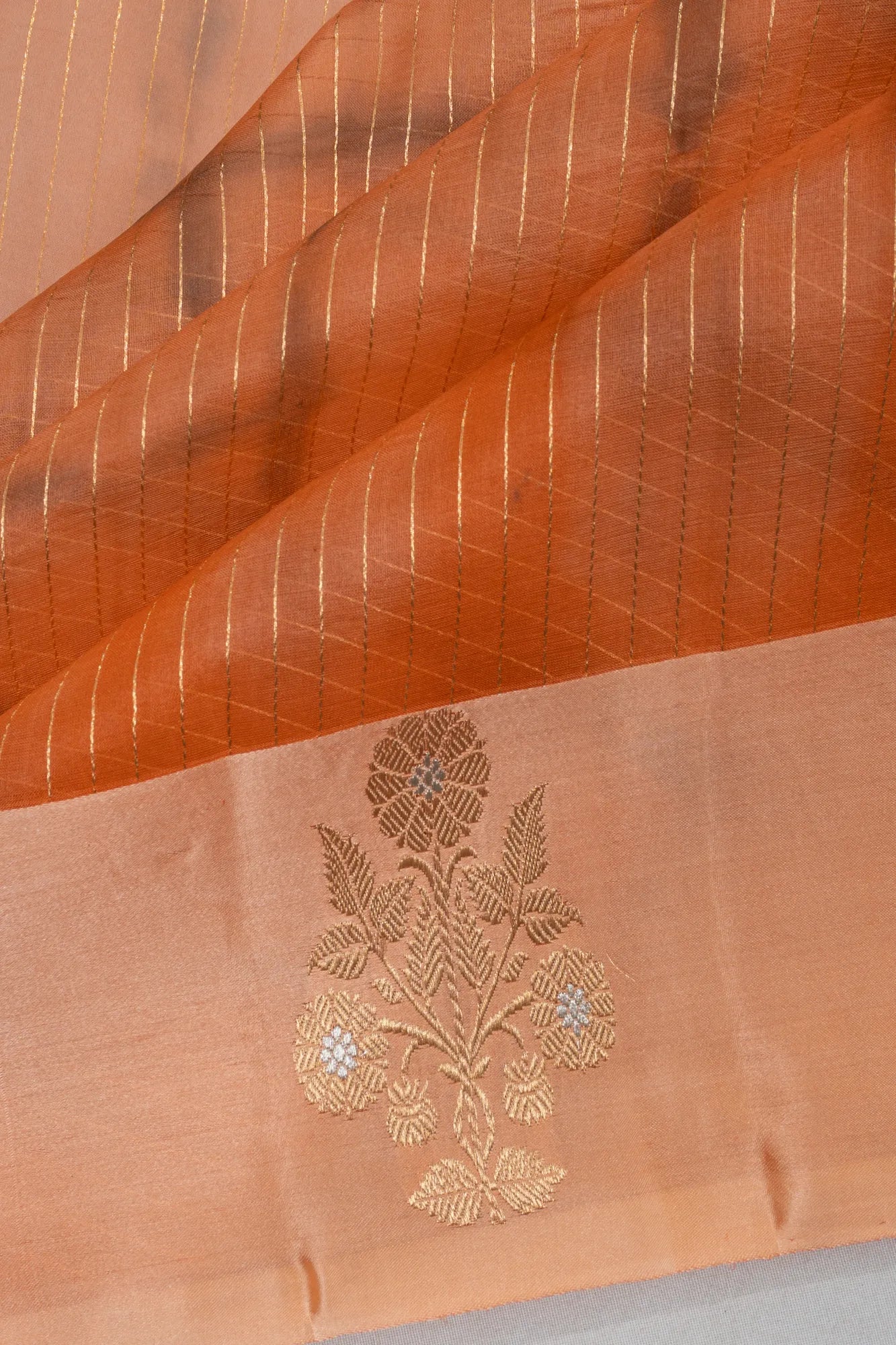 Banarasi Kora Organza Vertical Lines Pastel Orange Saree