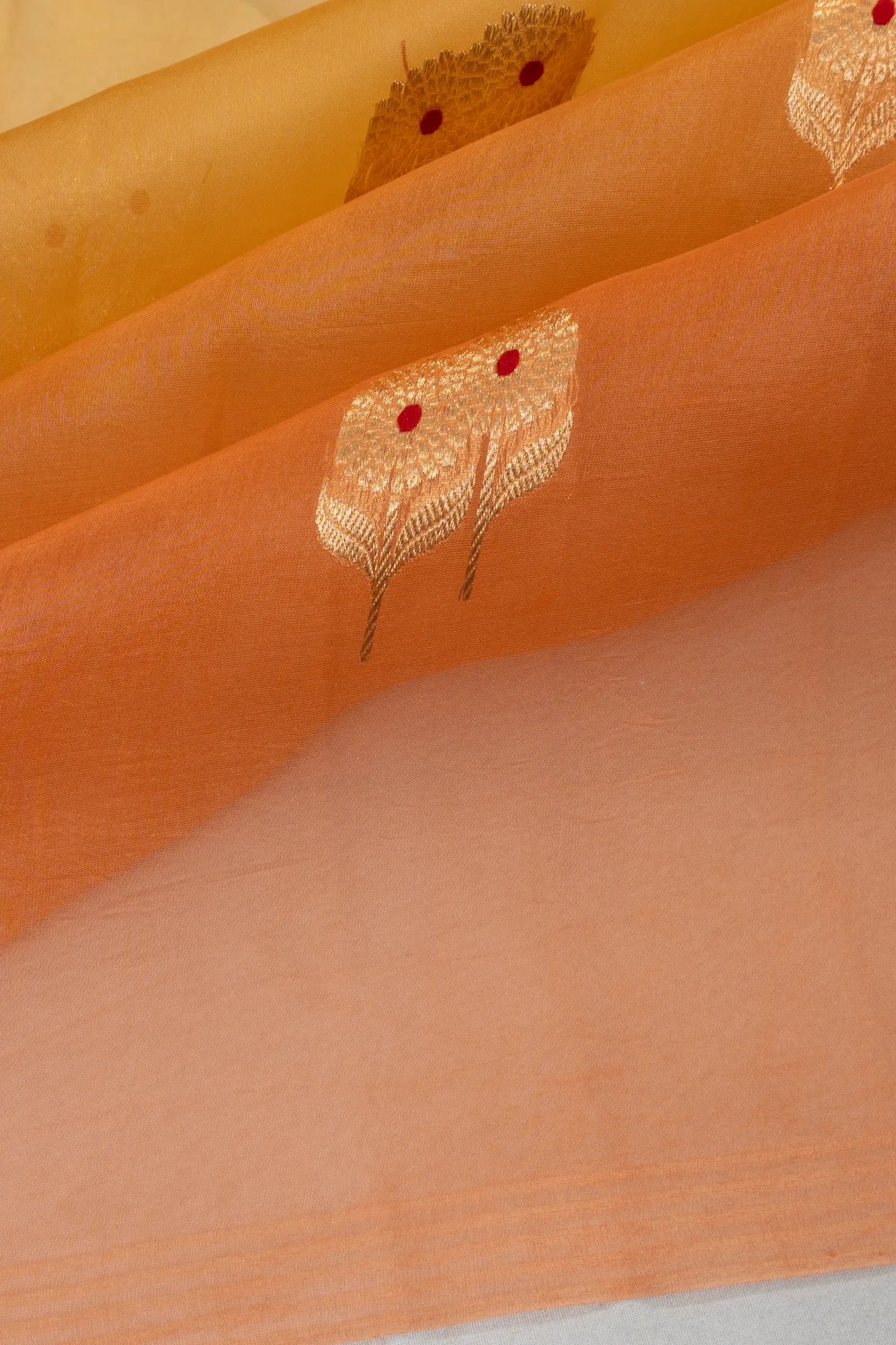 Banarasi Kora Organza Butta Yellow and Orange Saree