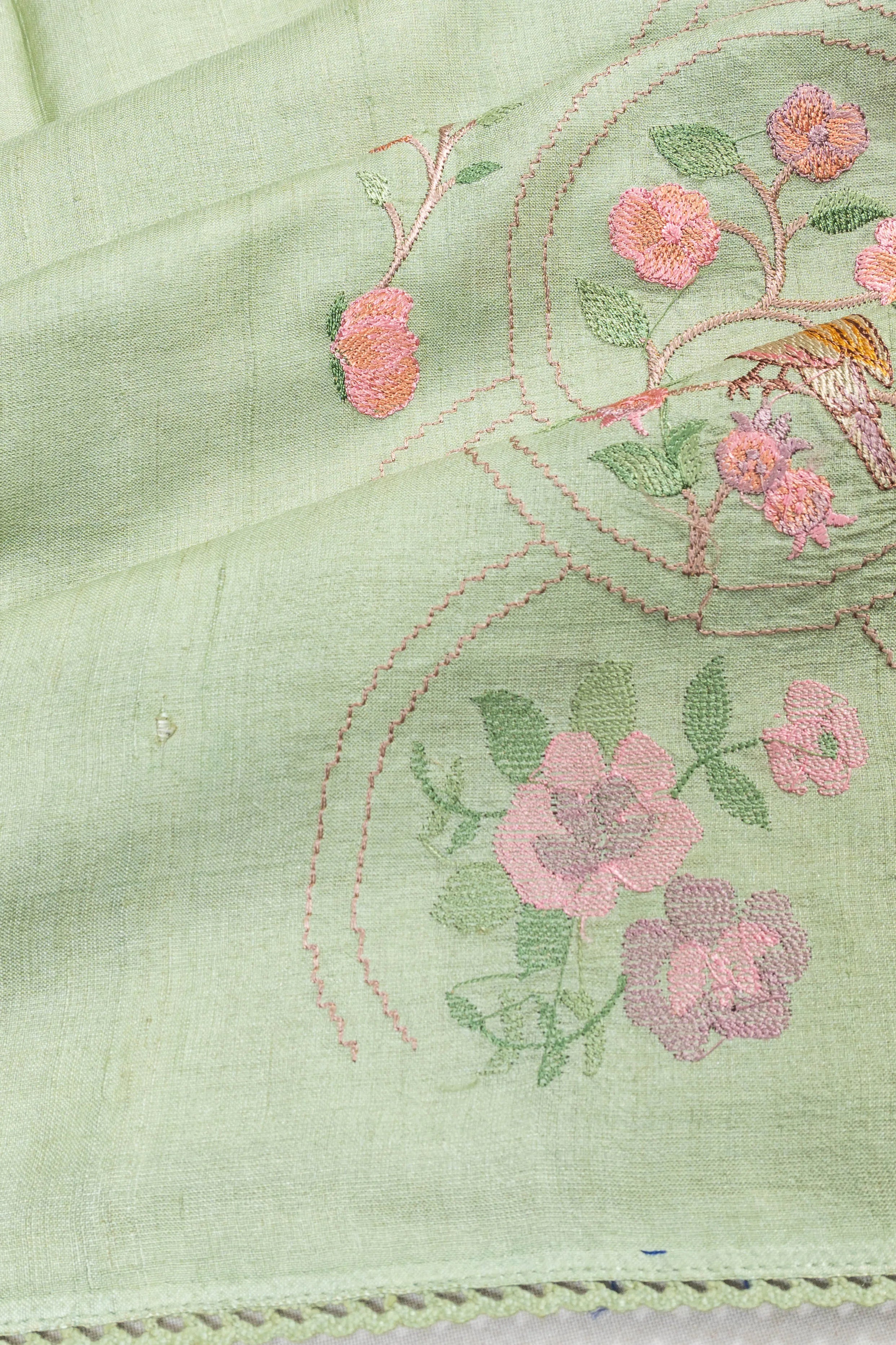 Tussar Embroidery Pastel Green Saree