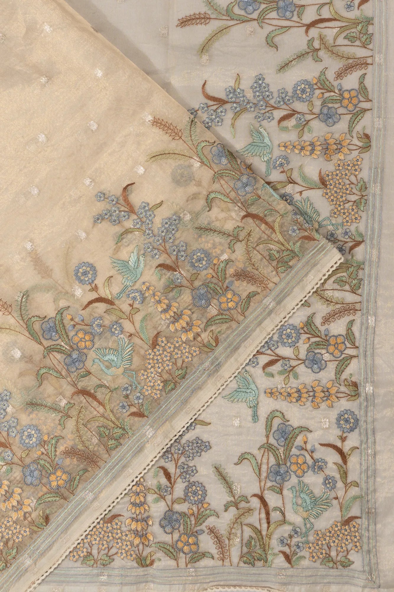 Organza Tissue Butta Cream Saree With Embroidery Border