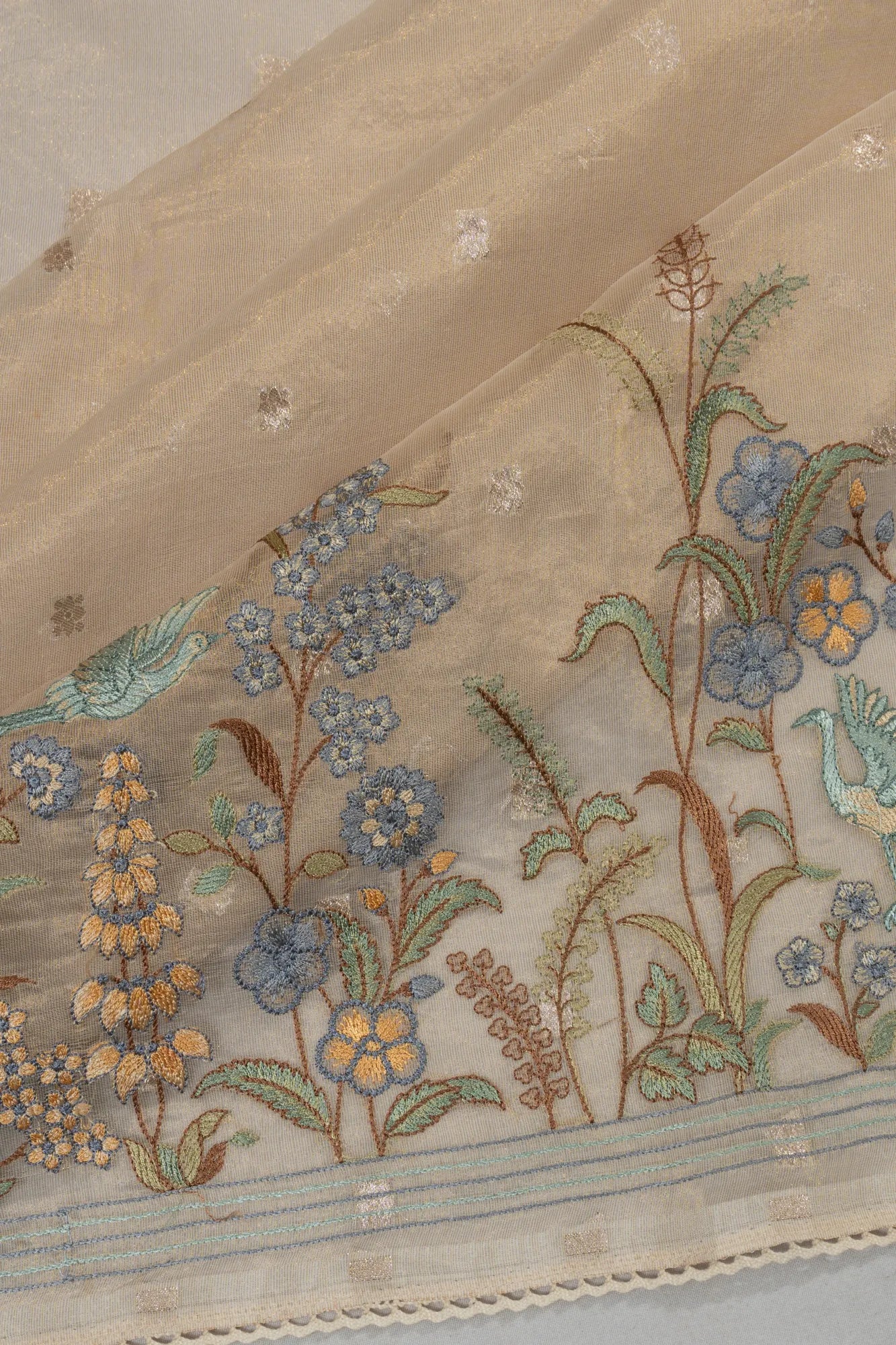 Organza Tissue Butta Cream Saree With Embroidery Border