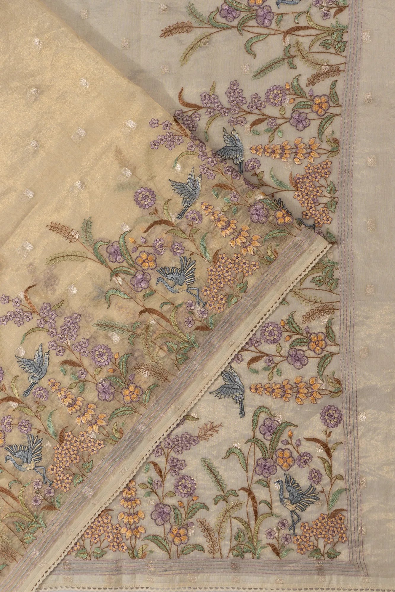 Organza Tissue Butta Cream Saree With Embroidery Border