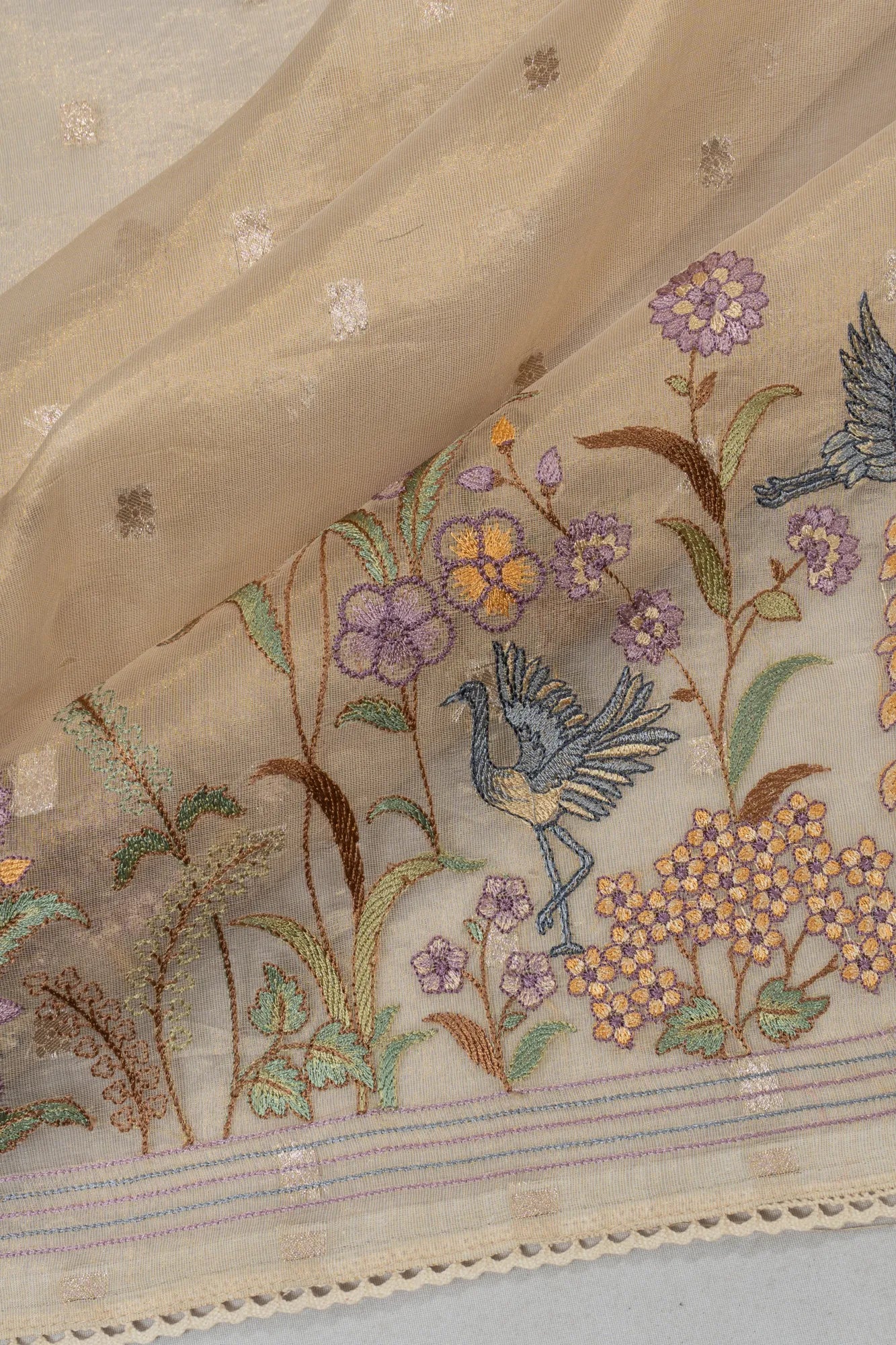 Organza Tissue Butta Cream Saree With Embroidery Border