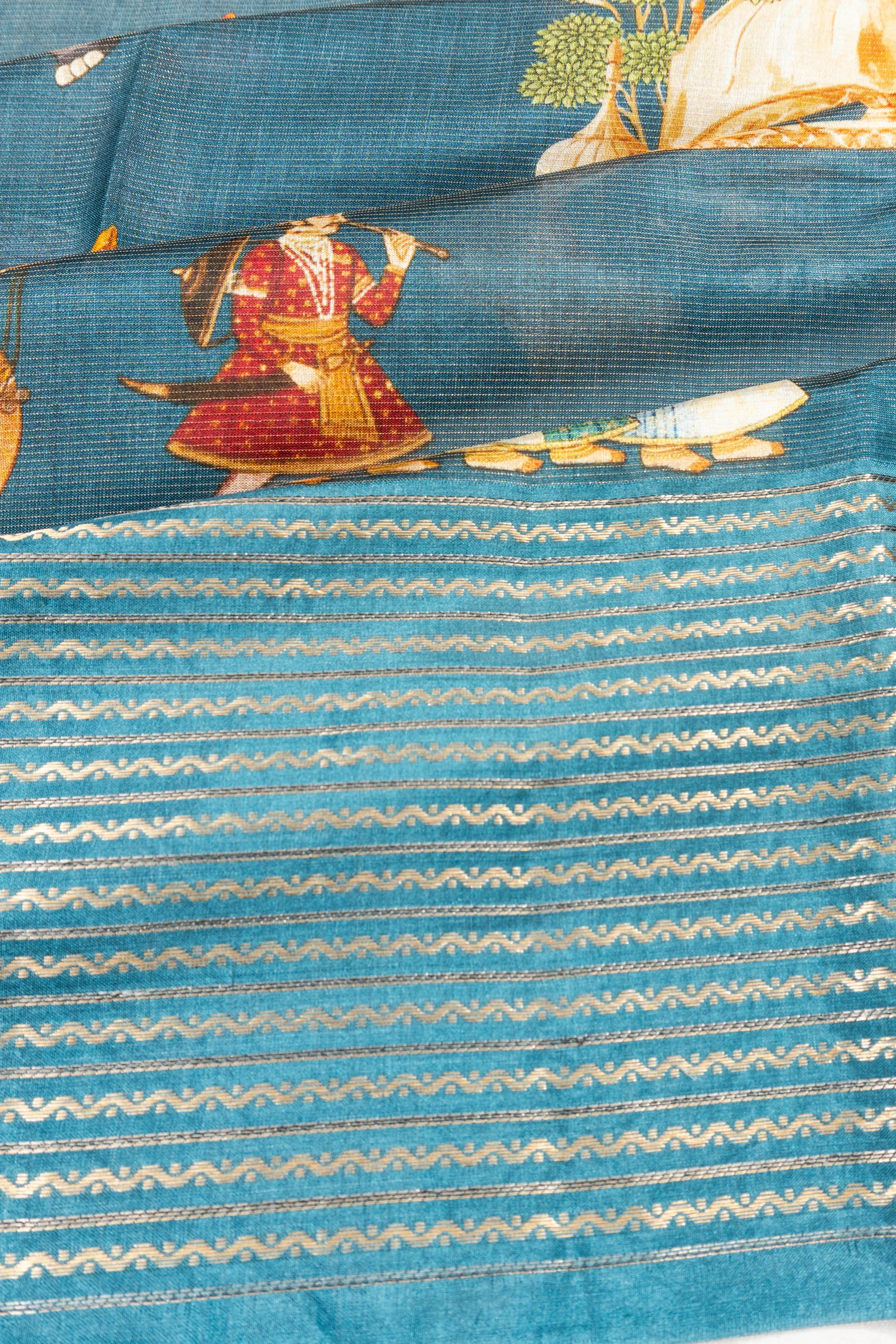 Chiniya Silk Printed Teal Green Saree