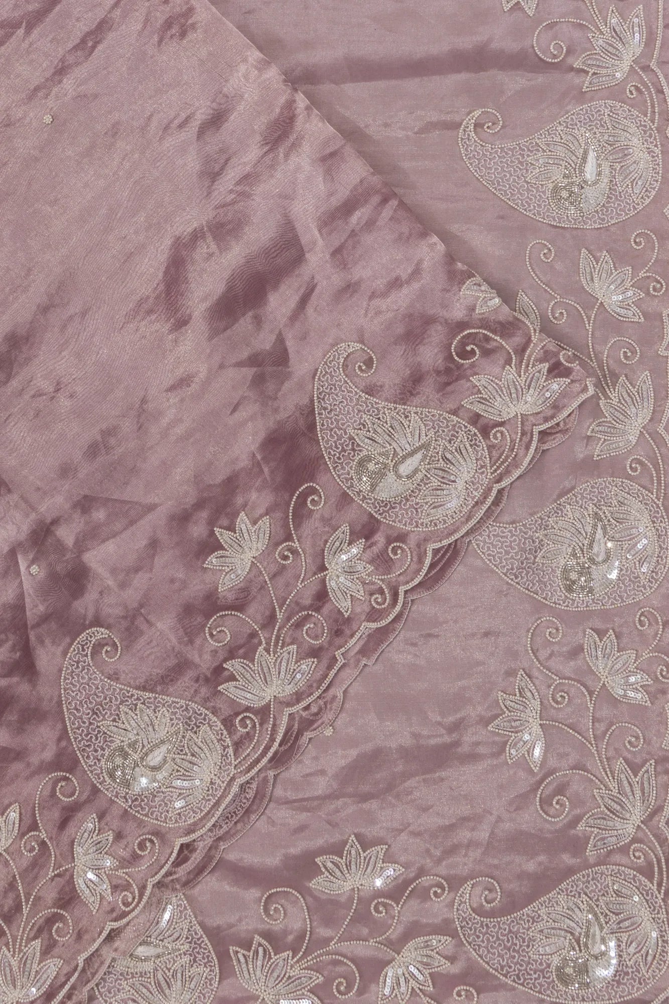 Crushed Organza Tissue Butta Lilac Saree With Sequin Work Scallop Border