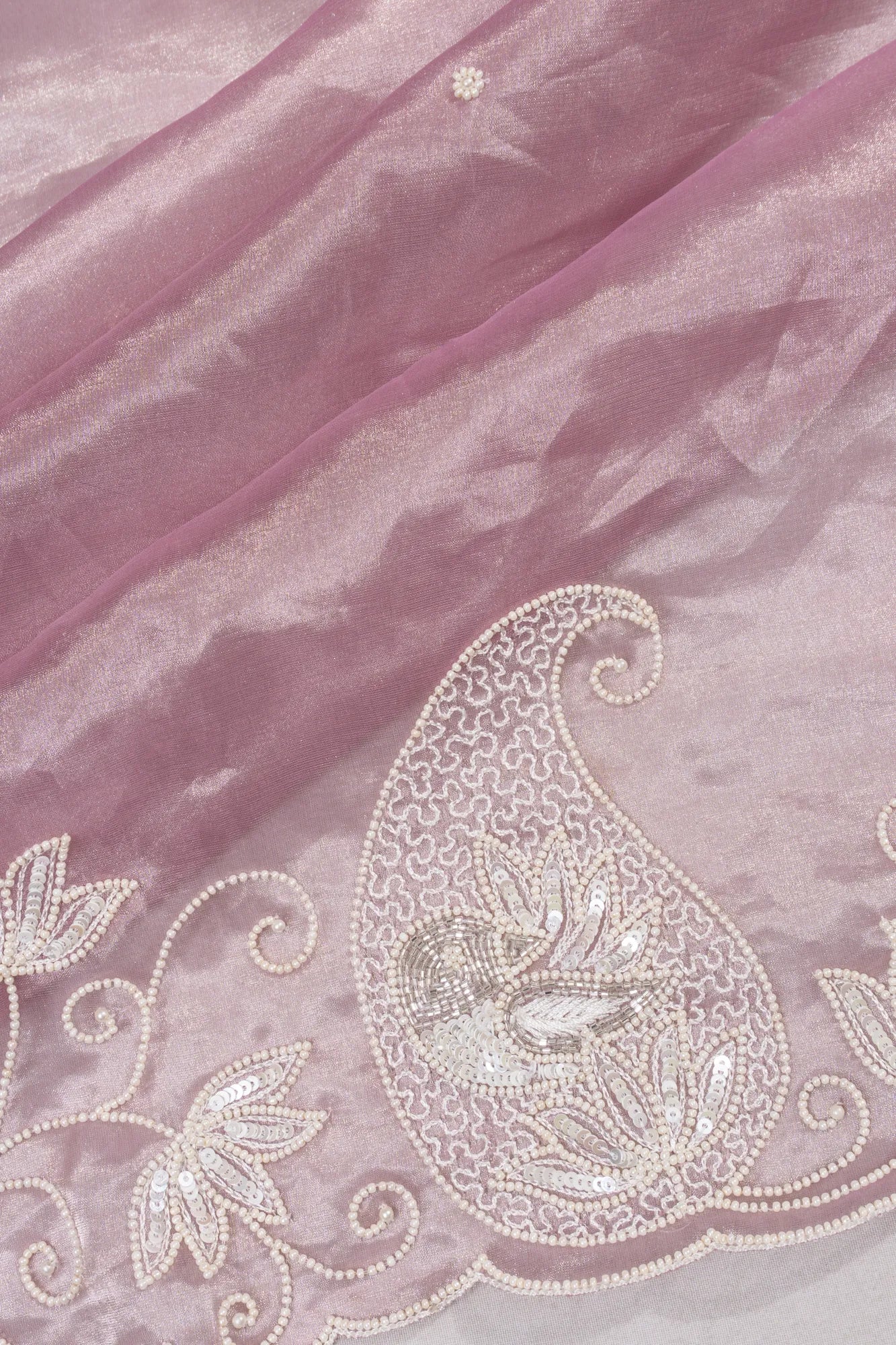 Crushed Organza Tissue Butta Lilac Saree With Sequin Work Scallop Border