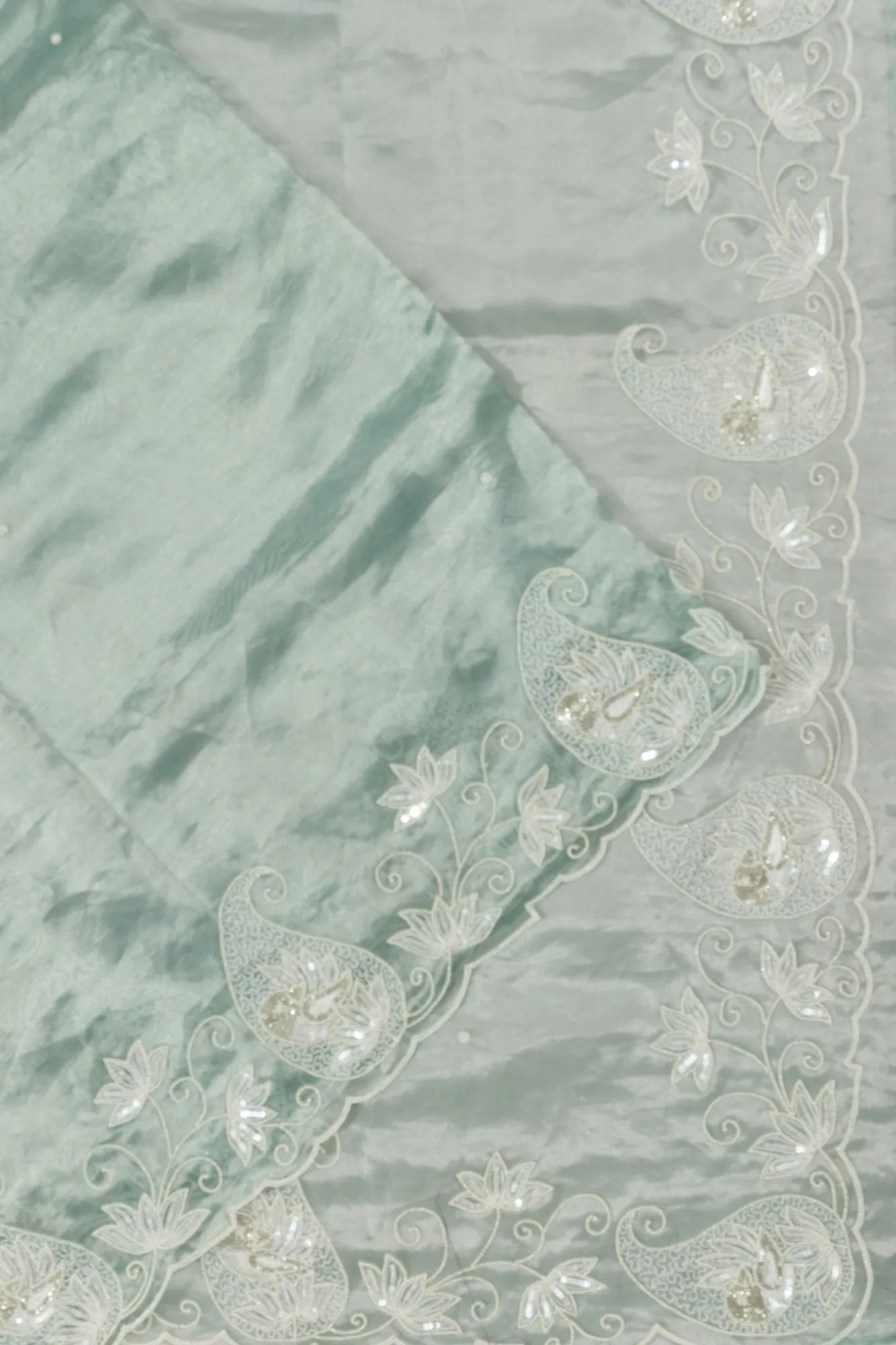 Crushed Organza Tissue Butta Sea Green Saree With Sequin Work Scallop Border