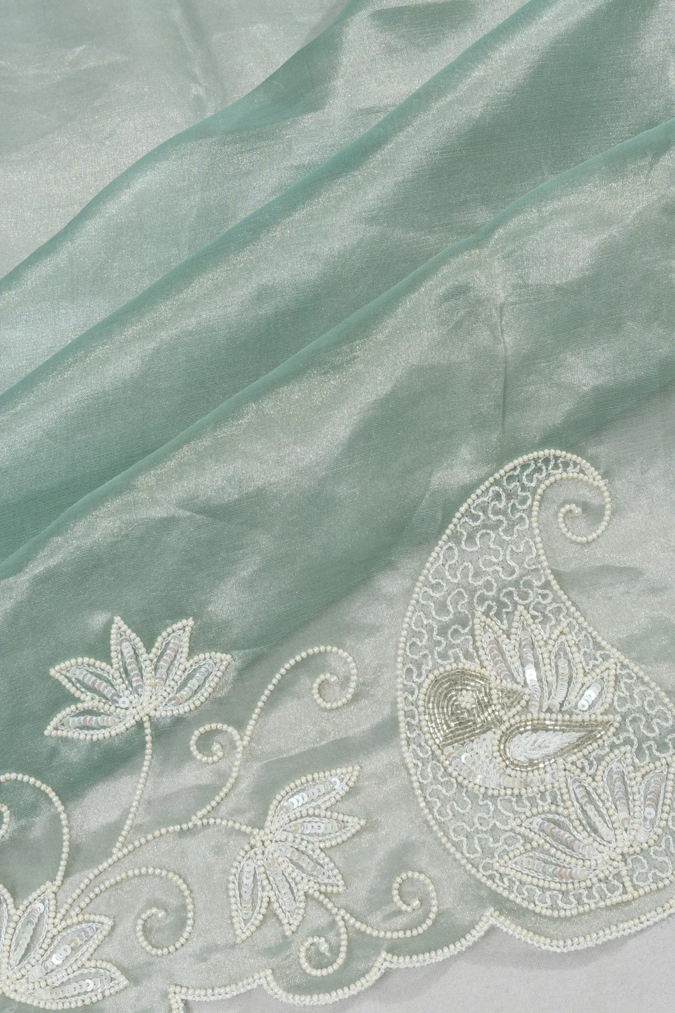 Crushed Organza Tissue Butta Sea Green Saree With Sequin Work Scallop Border