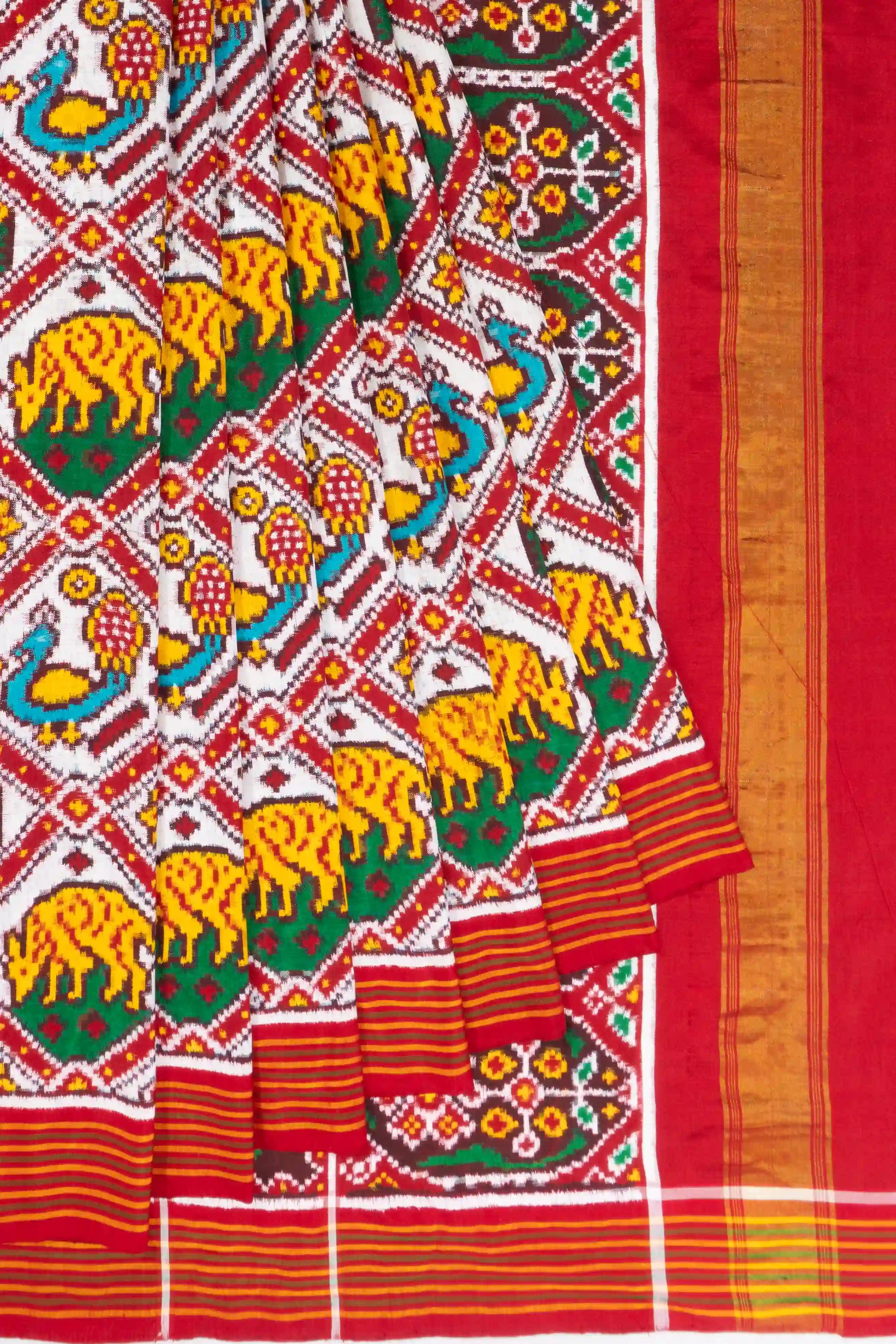 Patan Patola Silk Double Ikat 6 Figure White Saree