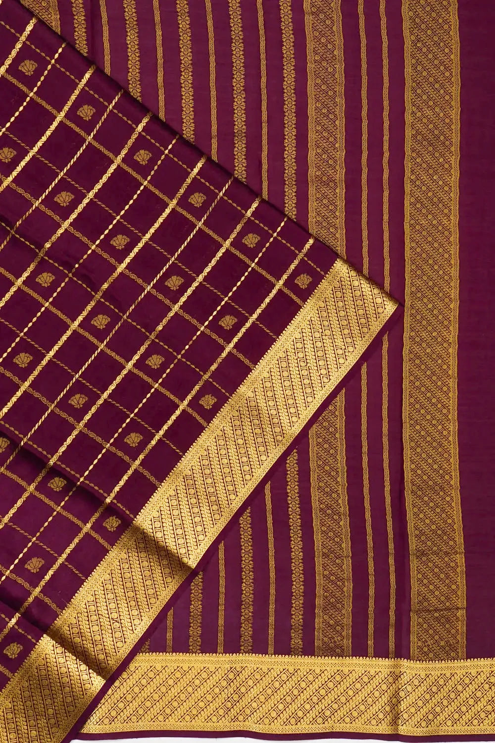 Mysore Silk Checks And Butta Burgundy Saree