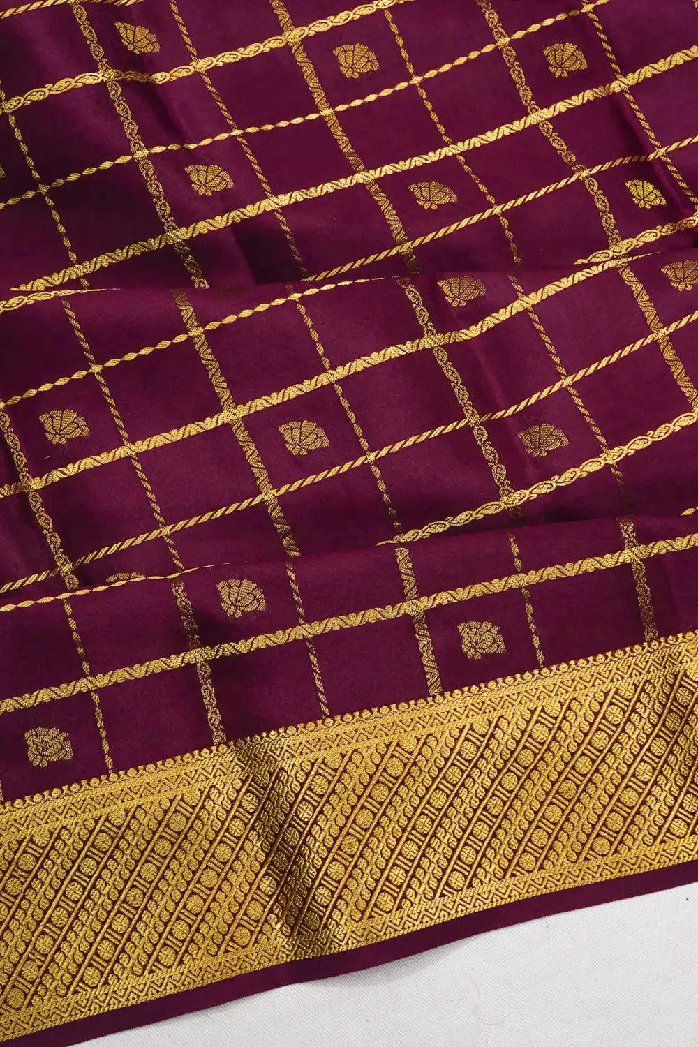 Mysore Silk Checks And Butta Burgundy Saree