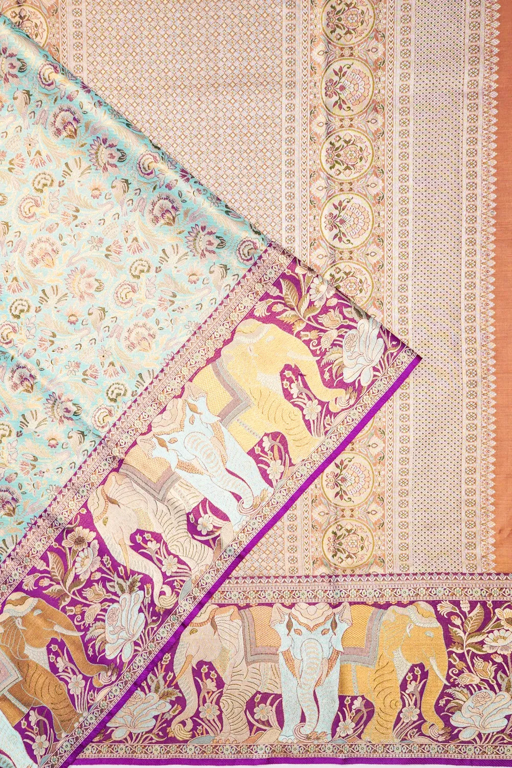 Taranga Kanchi Silk Tissue Brocade Blue Saree With Elephant Border