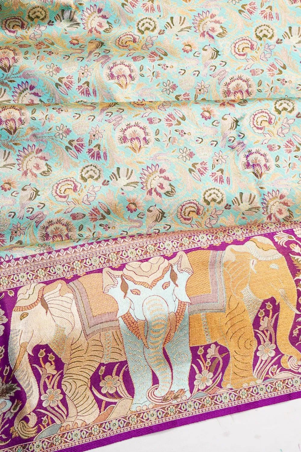 Taranga Kanchi Silk Tissue Brocade Blue Saree With Elephant Border