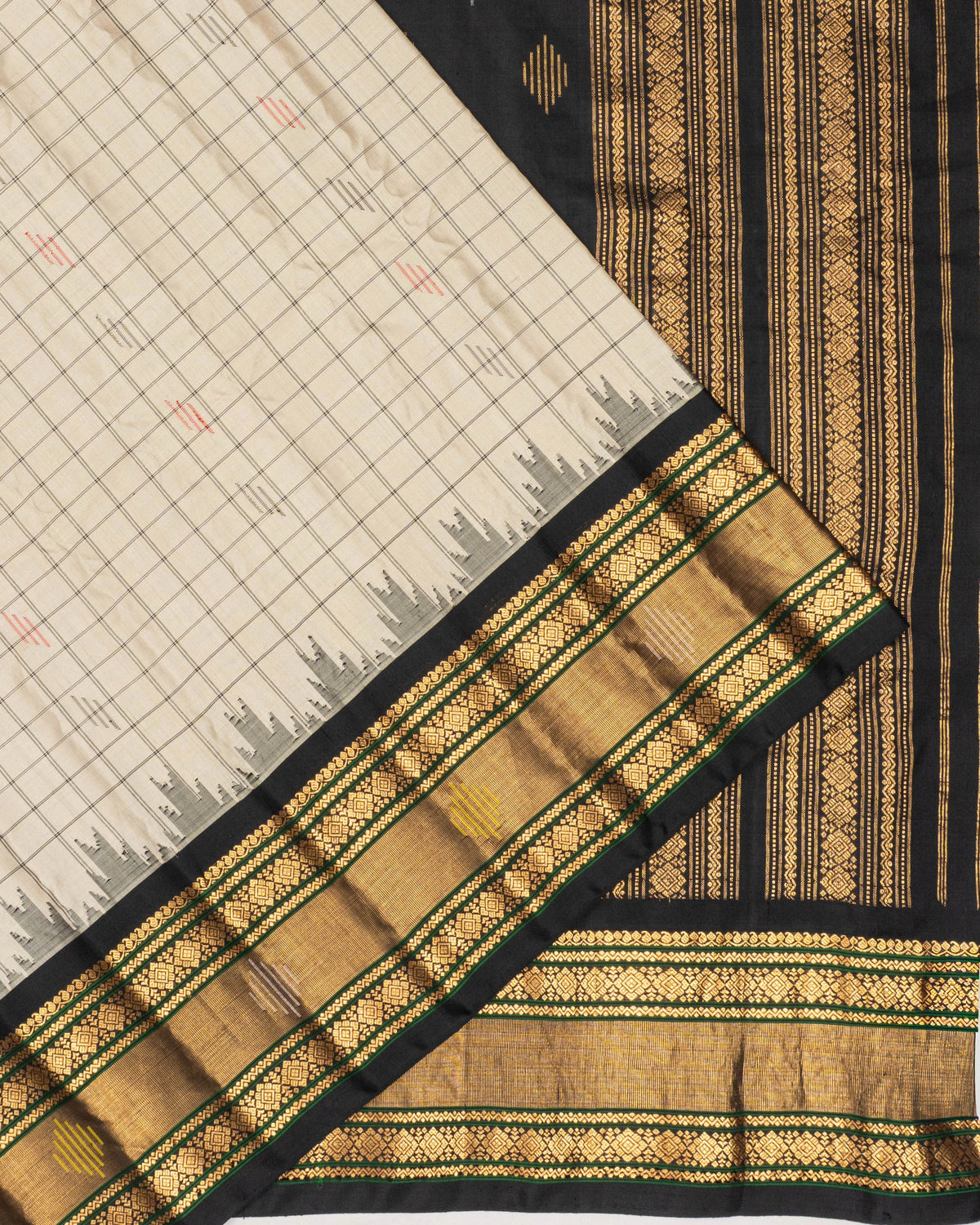 Gadwal Silk Checks And Butta White Saree With Ganga Jamuna Border