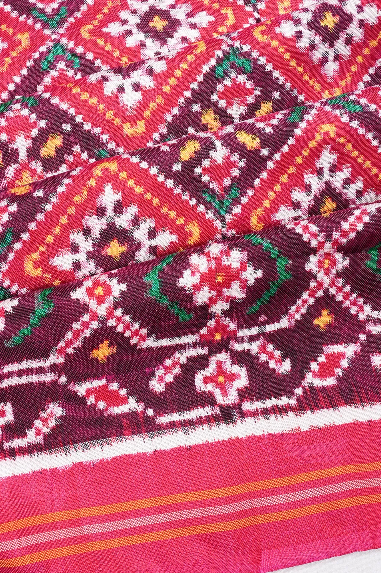 Patan Patola Silk Double Ikat Chokta Bhat Pink Saree