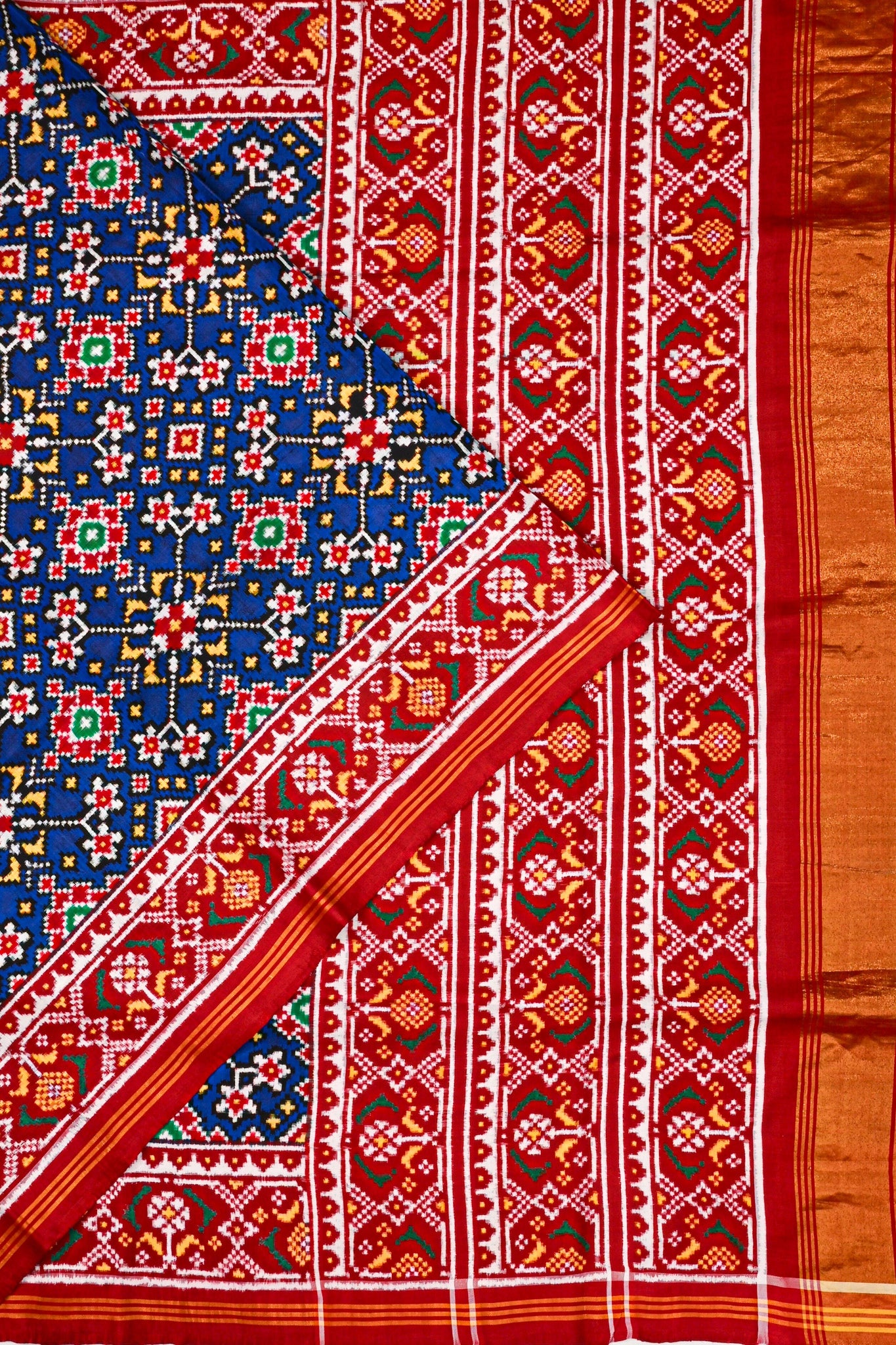 Patan Patola Silk Double Ikat Navratna Blue Saree