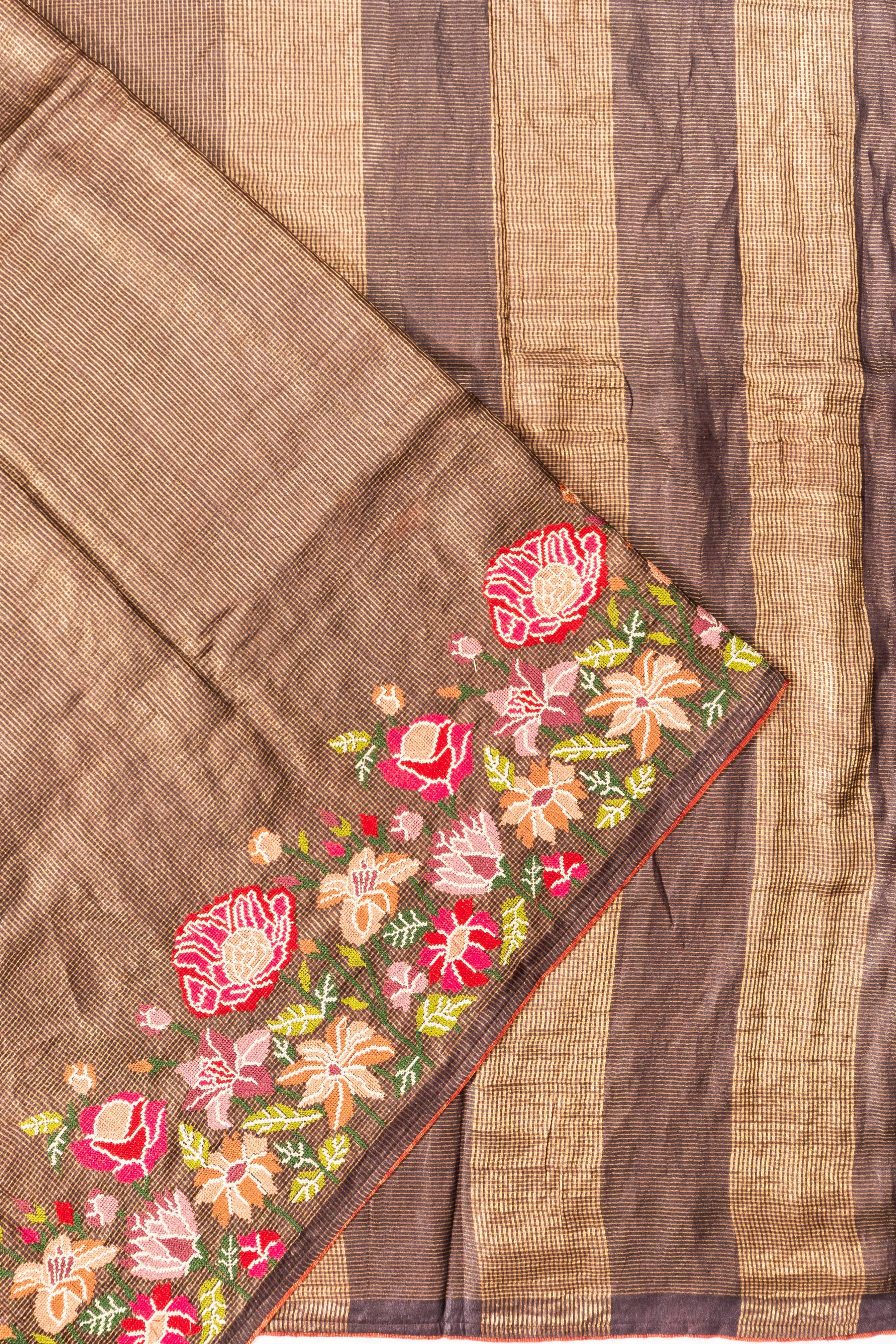 Tussar Checks Choco Brown Saree With Embroidery Border