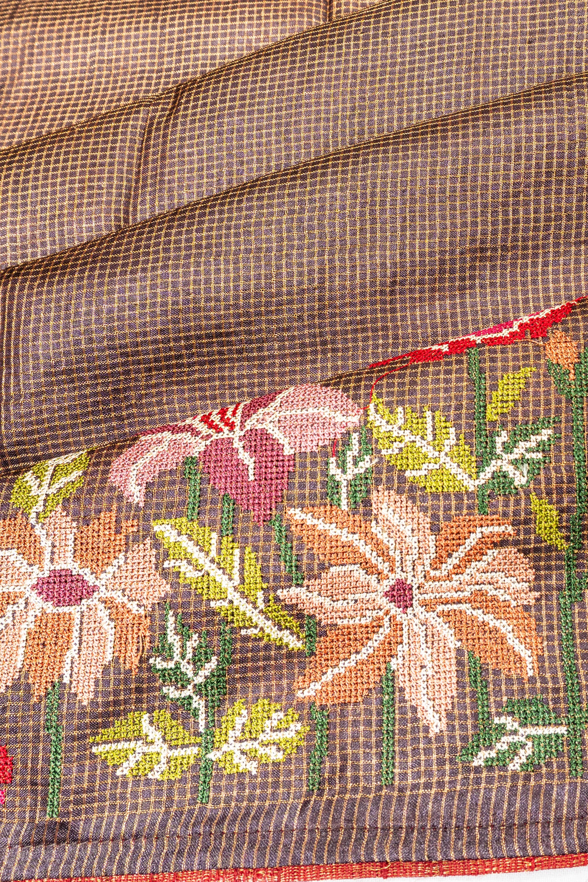 Tussar Checks Choco Brown Saree With Embroidery Border