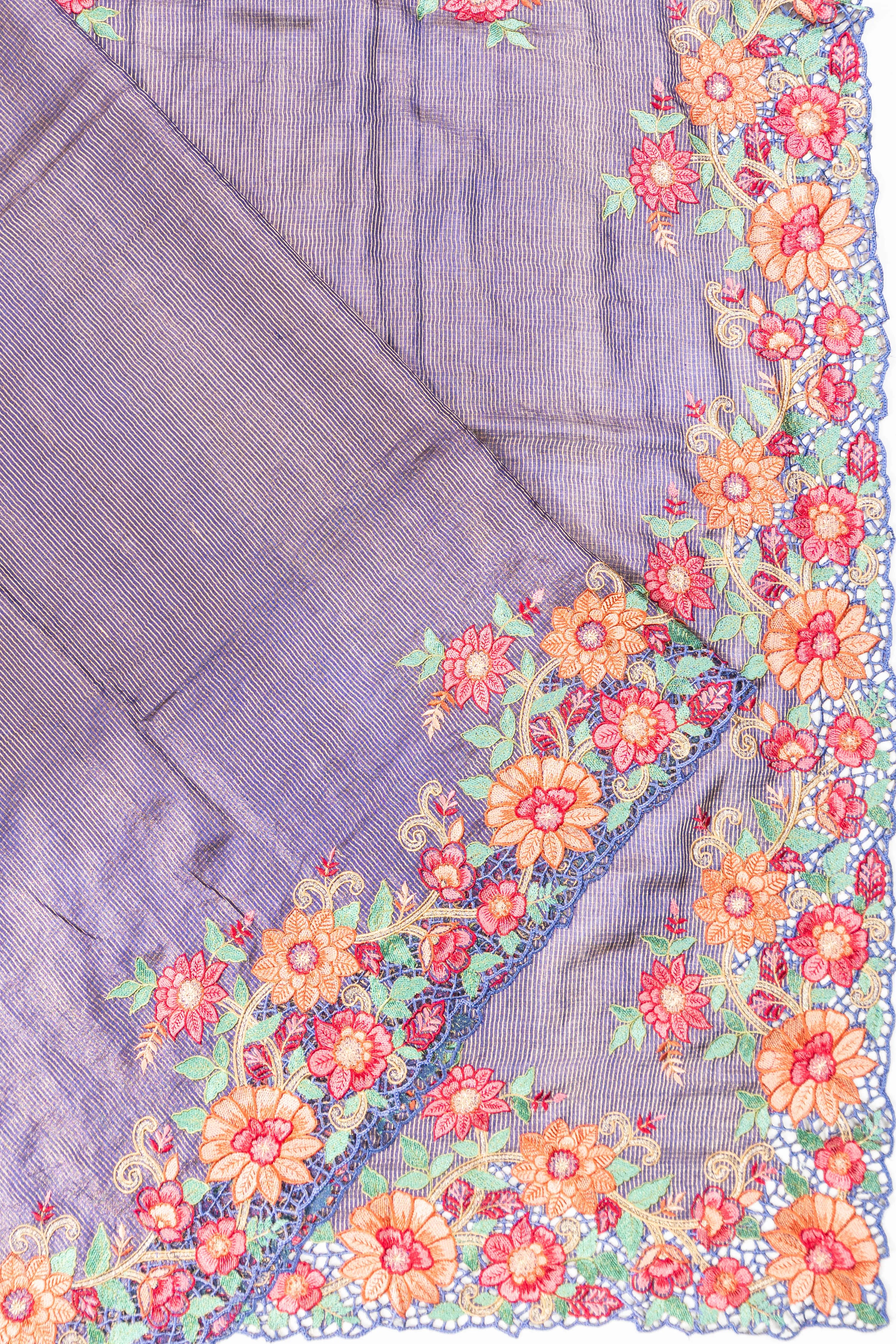 Tussar Checks Lilac Saree With Embroidery Cut Work Border