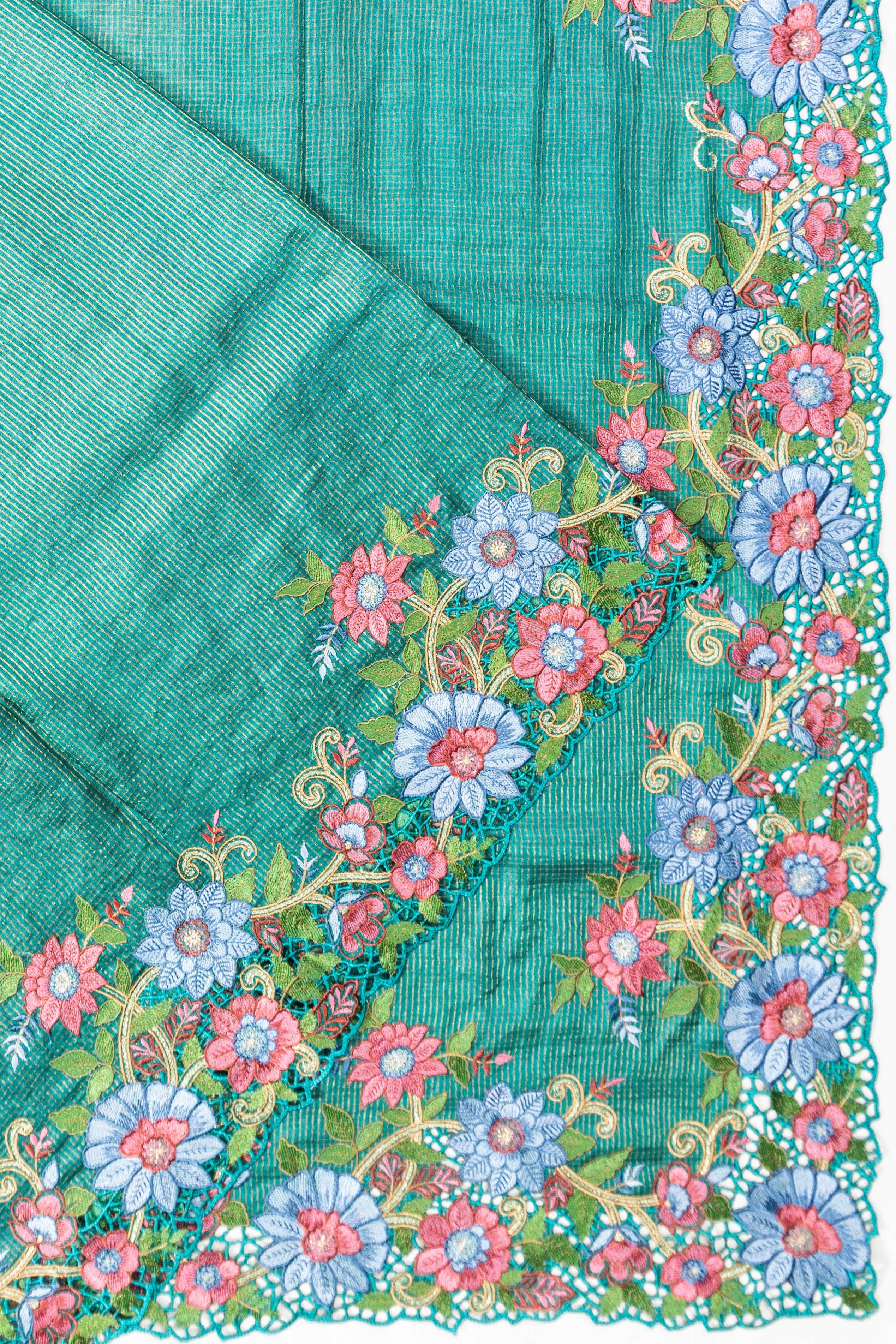 Tussar Checks Green Saree With Embroidery Cut Work Border