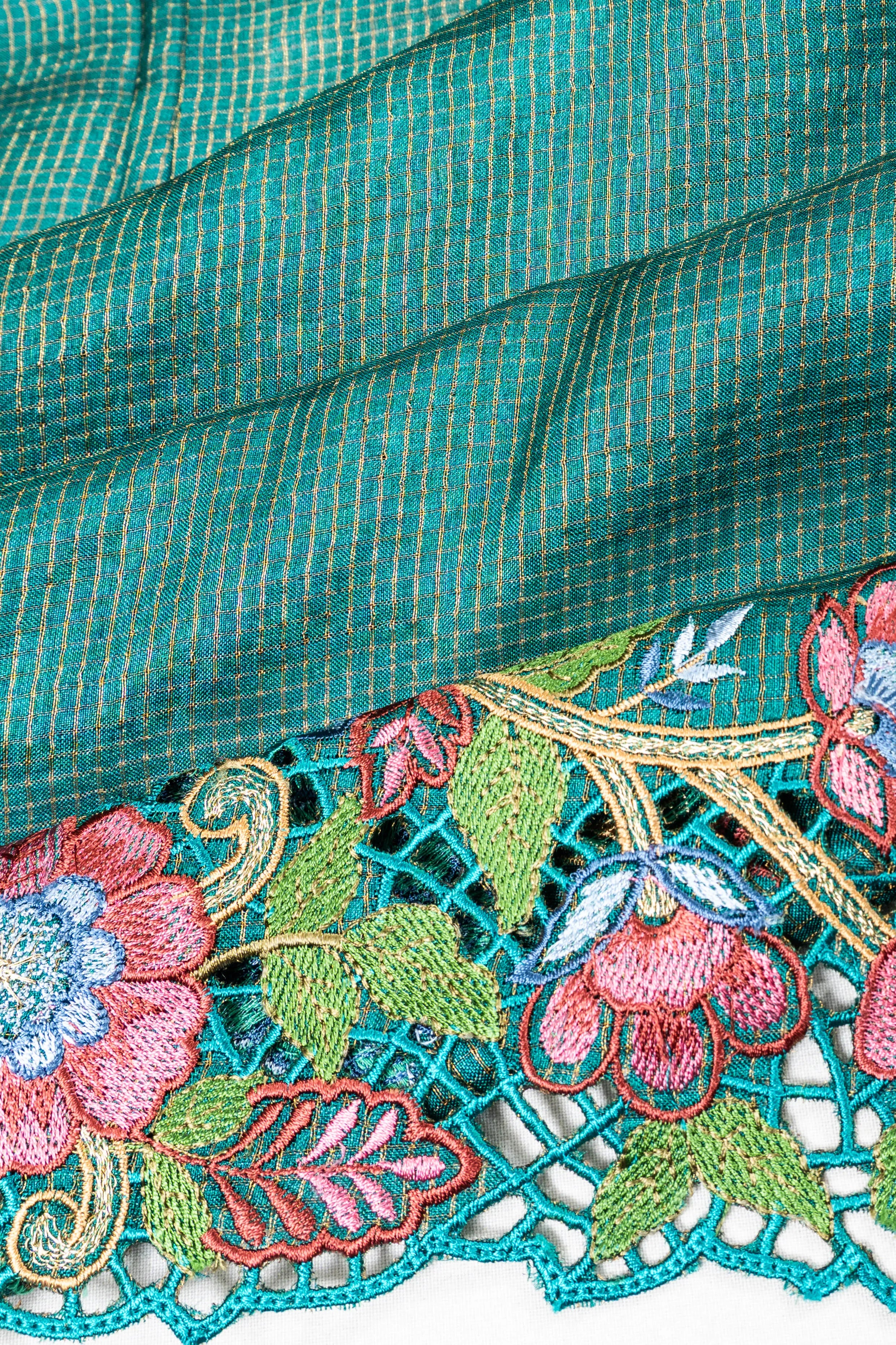 Tussar Checks Green Saree With Embroidery Cut Work Border