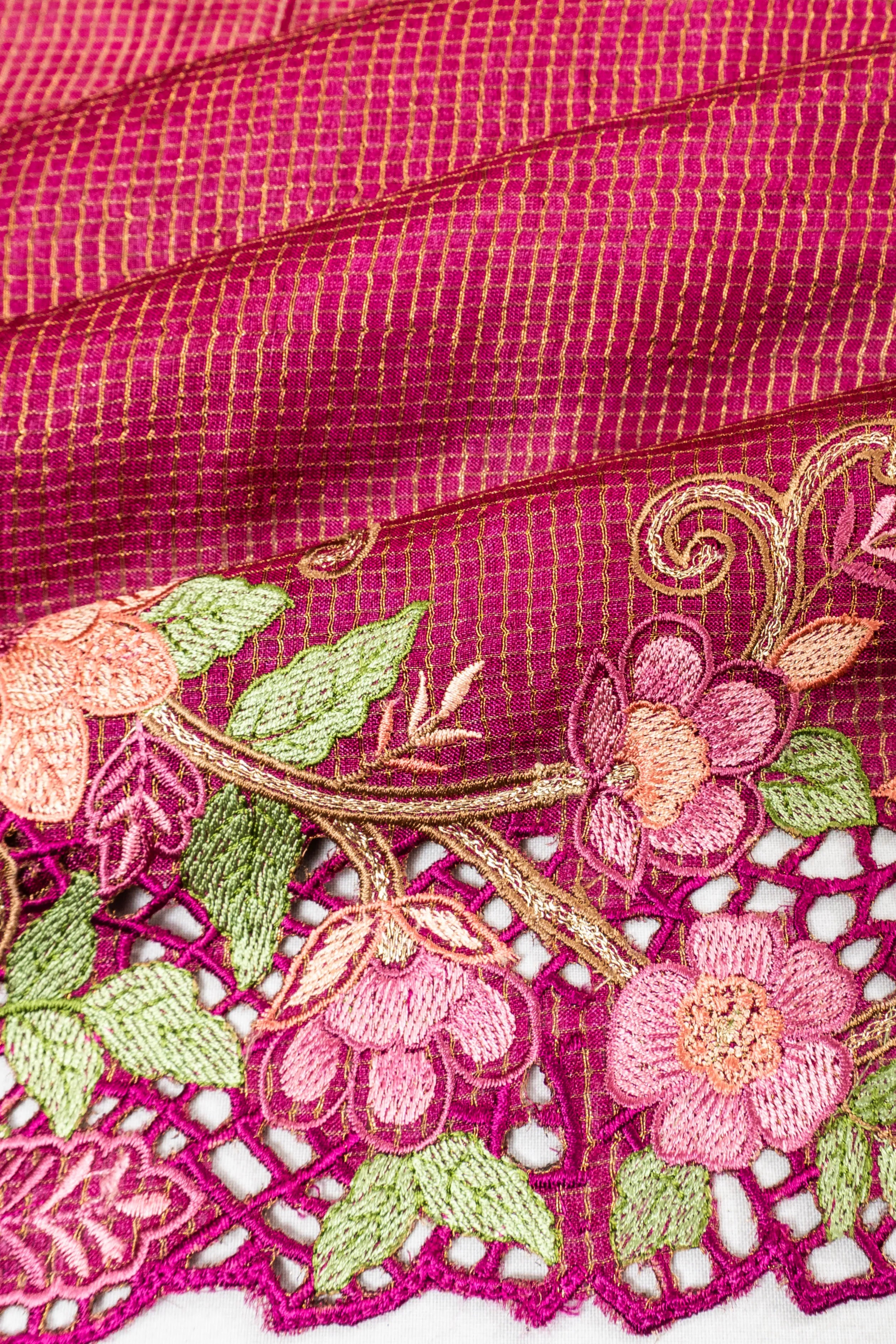 Tussar Checks Pink Saree With Embroidery Cut Work Border