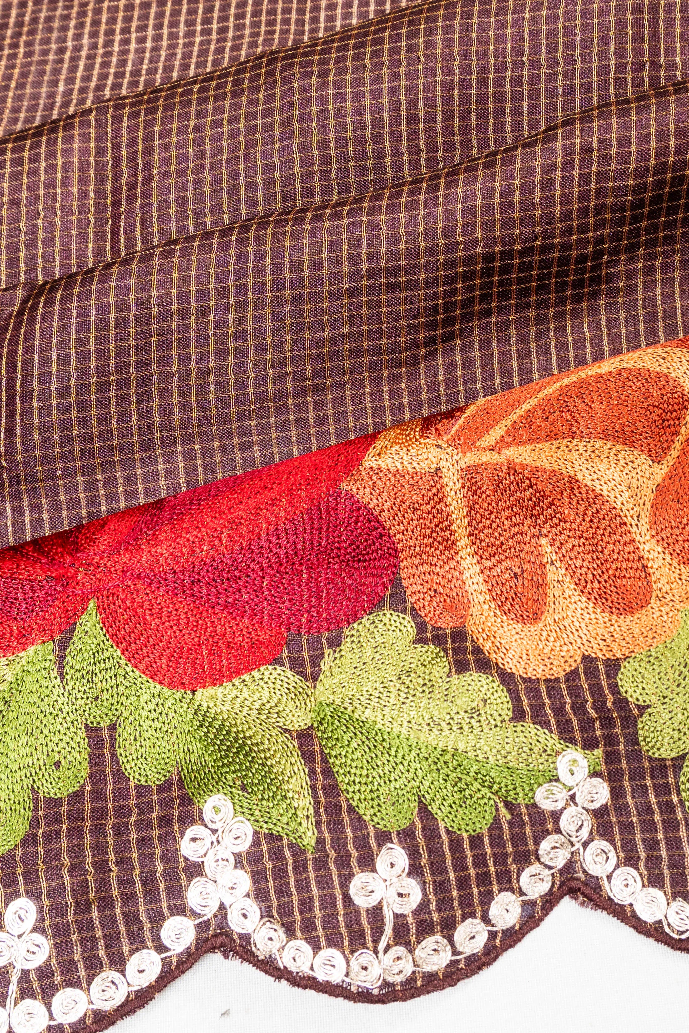 Tussar Checks Brown Saree With Embroidery Scallop Border