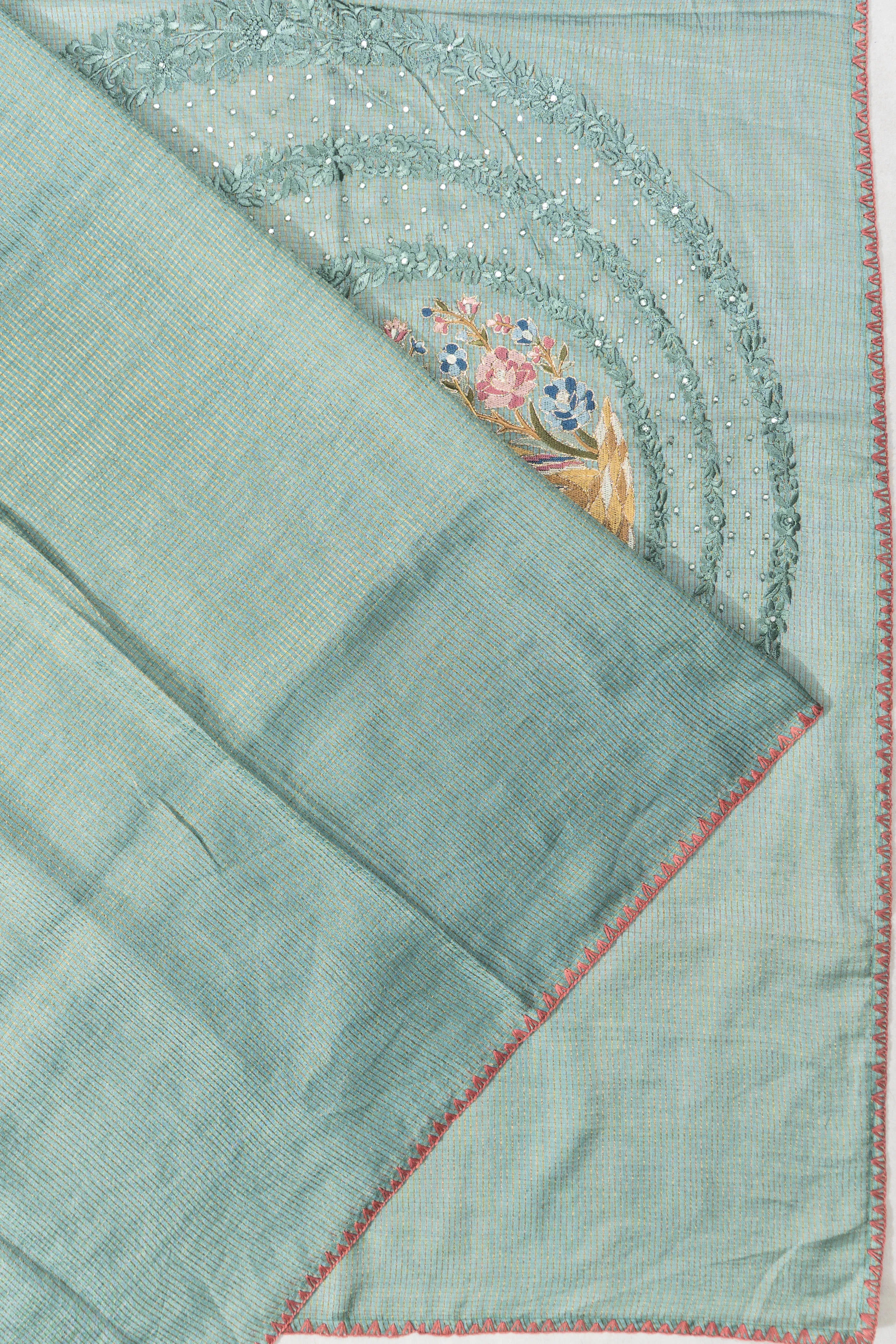Tussar Checks Brown Saree With Embroidery Scallop Border