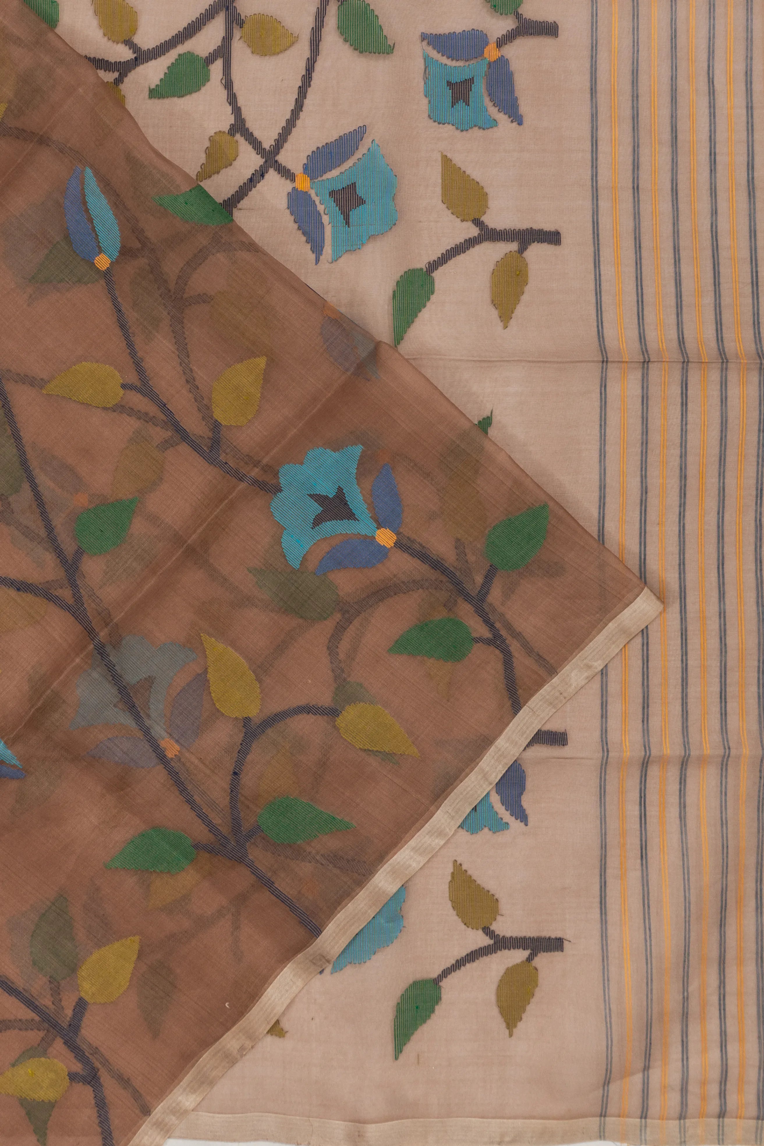 Phulia Cotton Jamdani Jaal Brown Saree